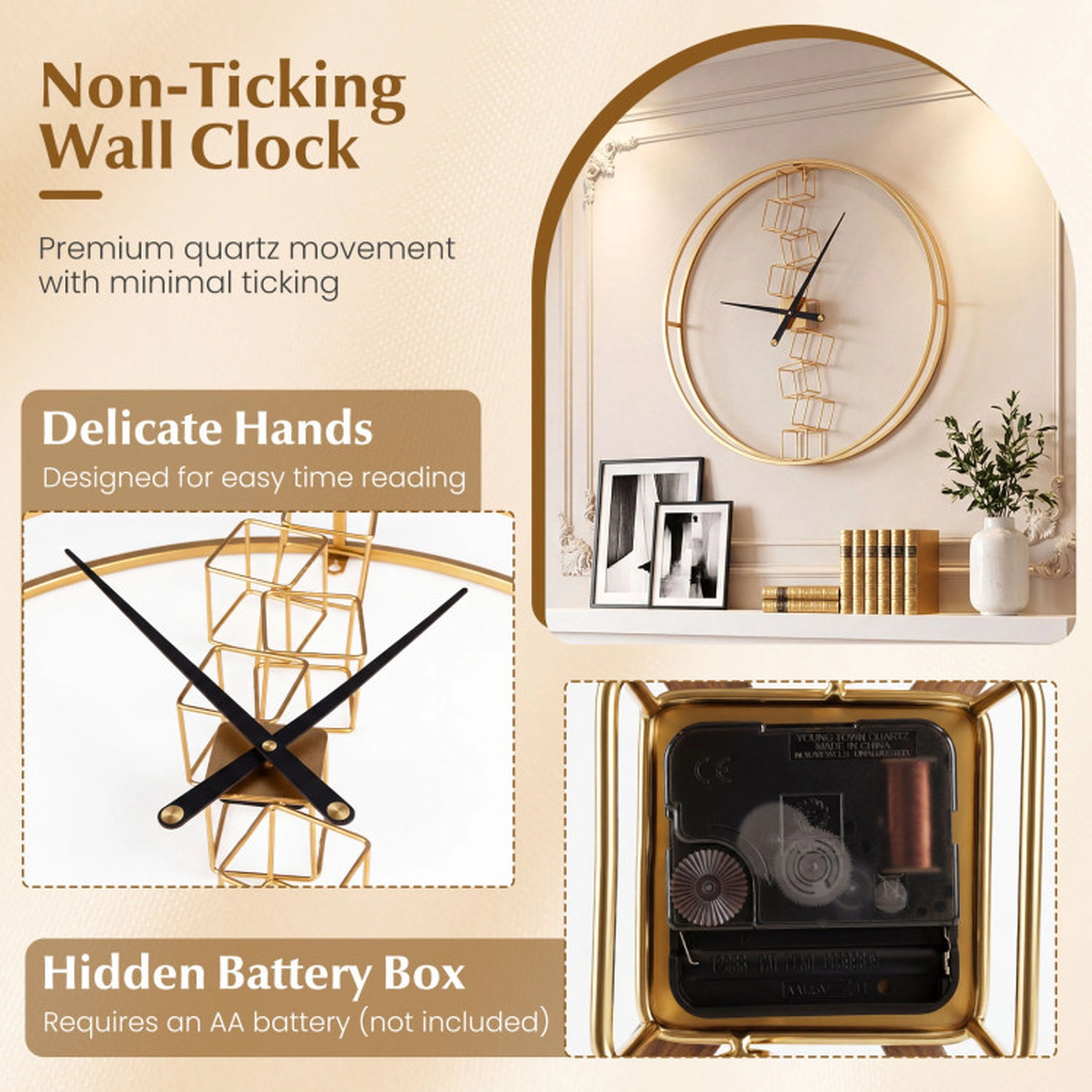 SUGIFT Yellow 27-in Large Non-Ticking Quartz Wall Clock with Metal Frame and Nordic Style Design