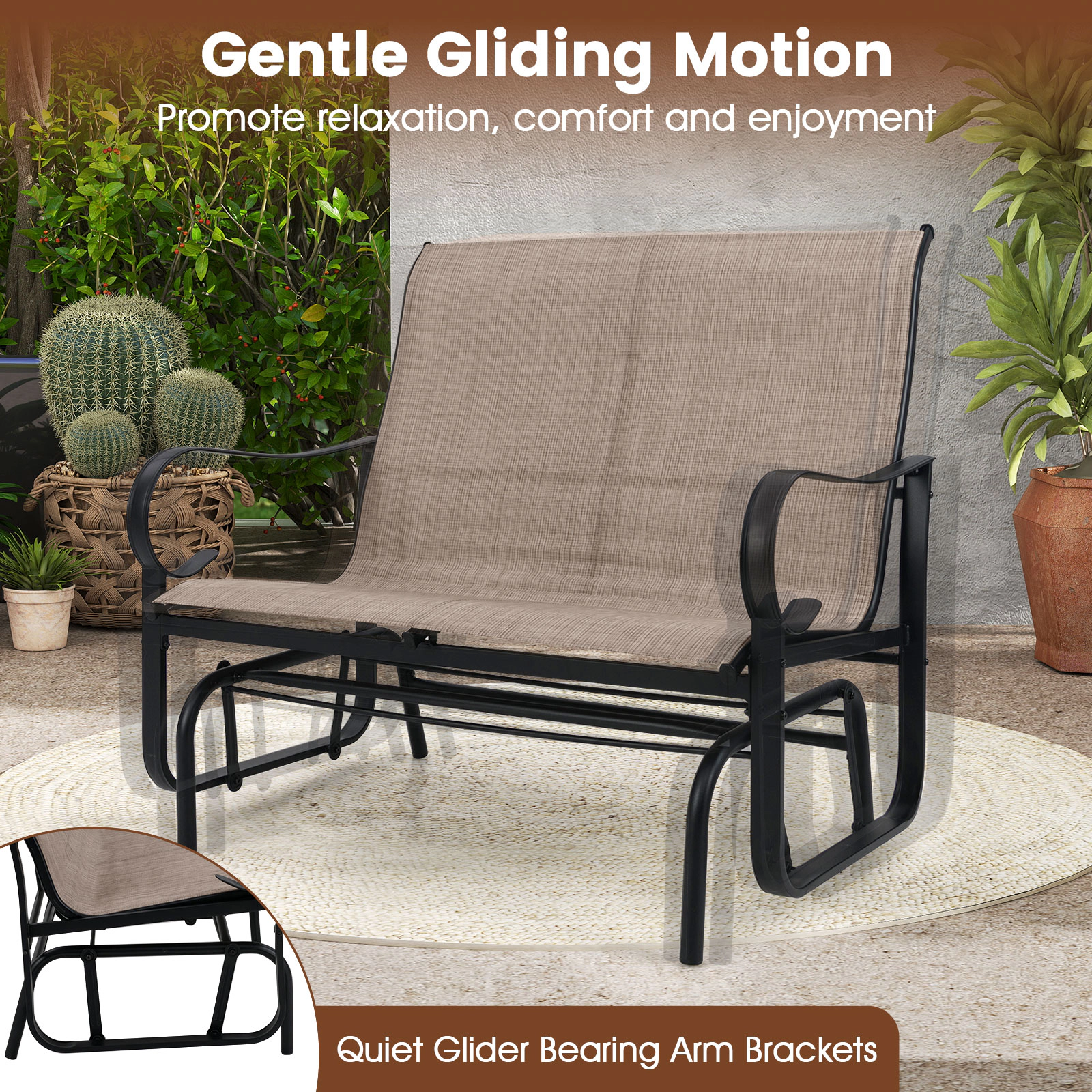 SUGIFT 2-Person Outdoor Glider Bench with 25-in High Backrest 660-lb Capacity Mix Brown and Black