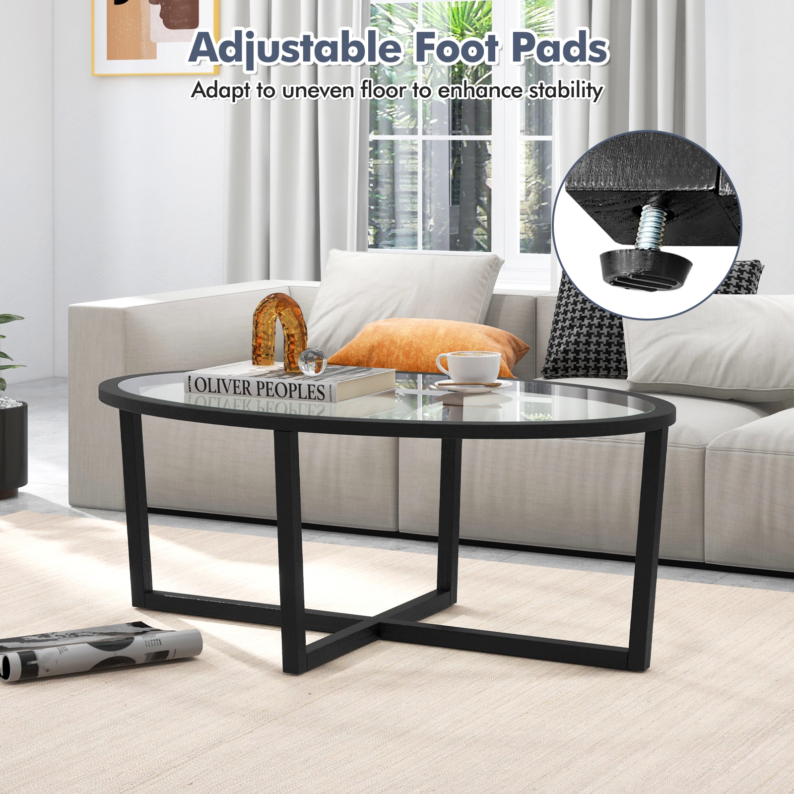 SUGIFT 46.5-in Oval 110-lb Capacity Black Glass Coffee Table with Cross Base and Acacia Wood Legs