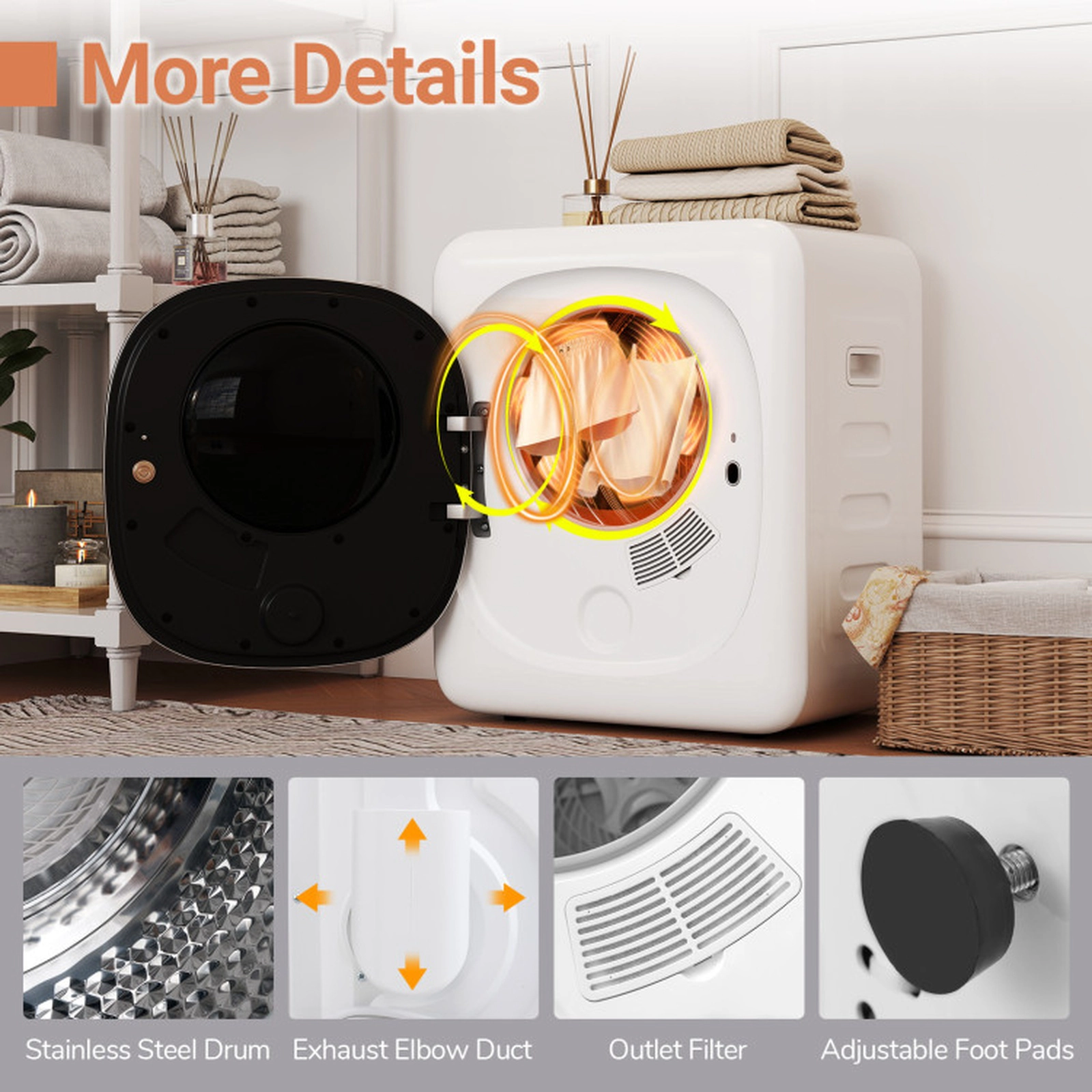 SUGIFT 800W 1.5-cu ft Portable Clothes Dryer with Stainless Steel Drum LED Touch Panel and 4 Temp Settings