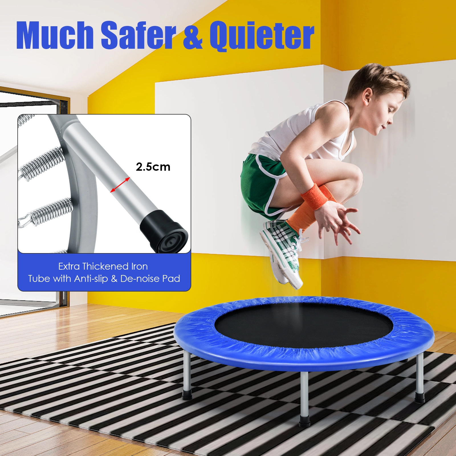38-in Folding Exercise Trampoline for Adults Portable Rebounder 330-lb Capacity 32 Springs 6 Non-Slip Legs Blue