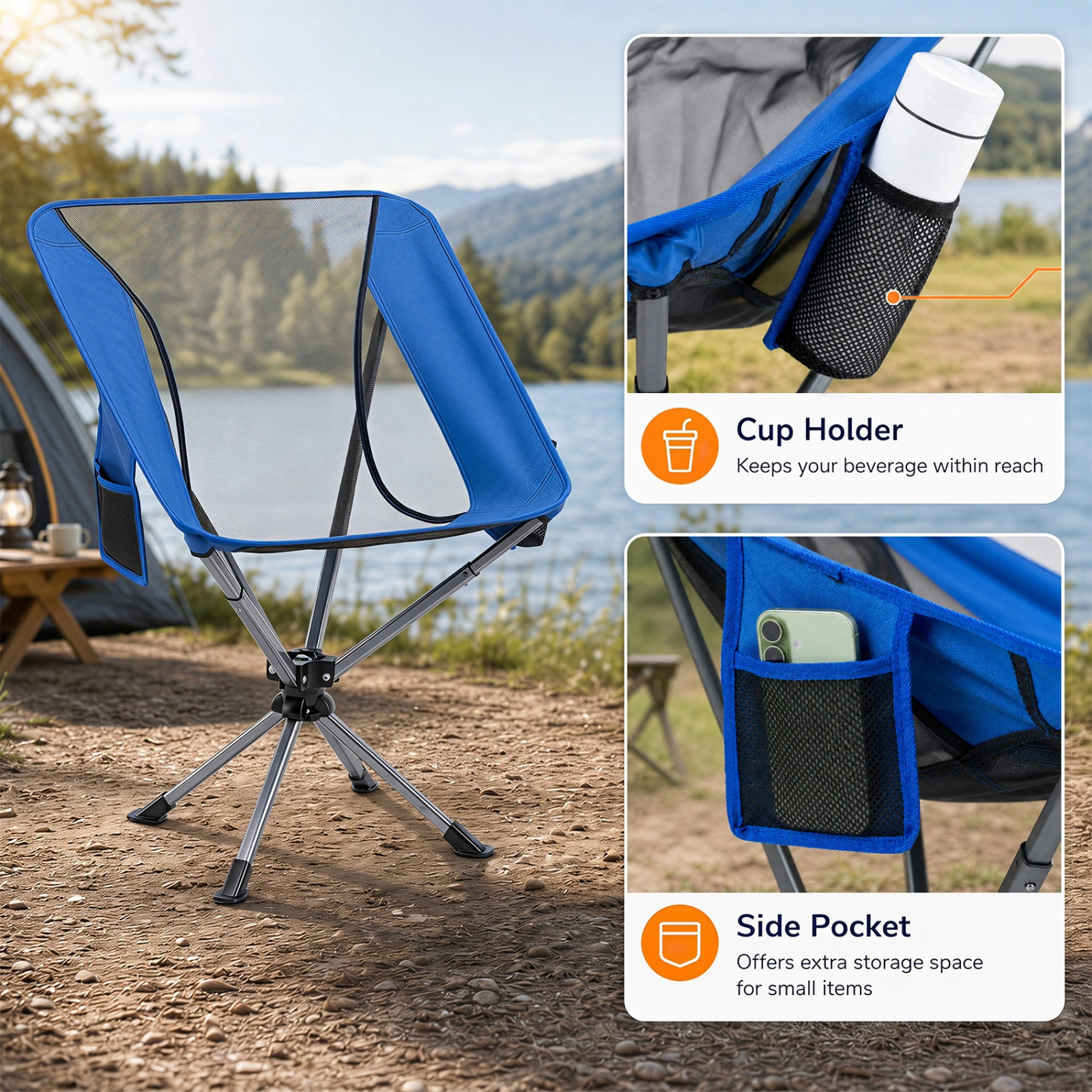 SUGIFT 330-lb Capacity 360-Degree Swivel Lightweight Compact Aluminum Camping Chair with Cup Holder and Side Pocket