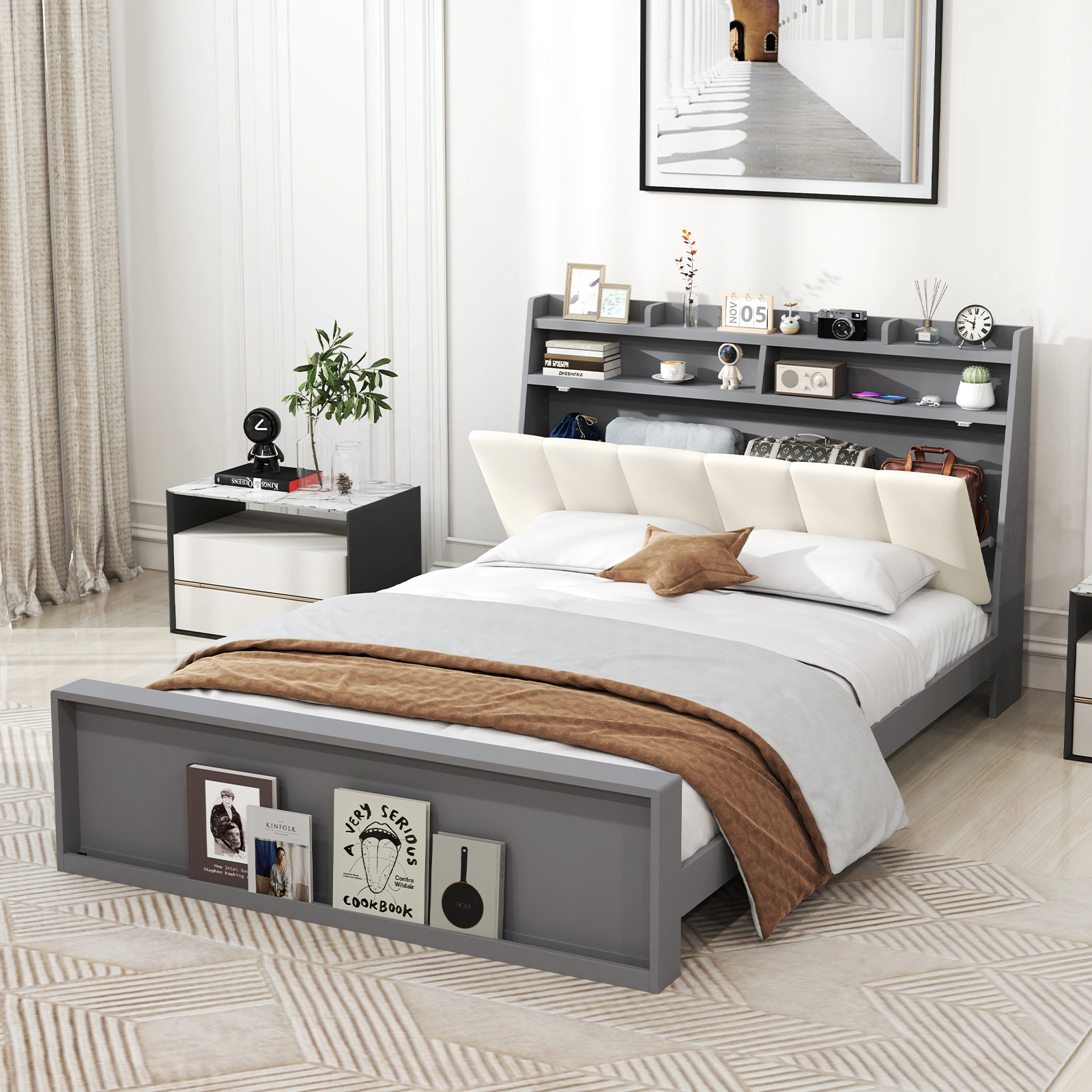 LJG Full Size Bed Frame with Storage Modern Platform Bed with Headboard