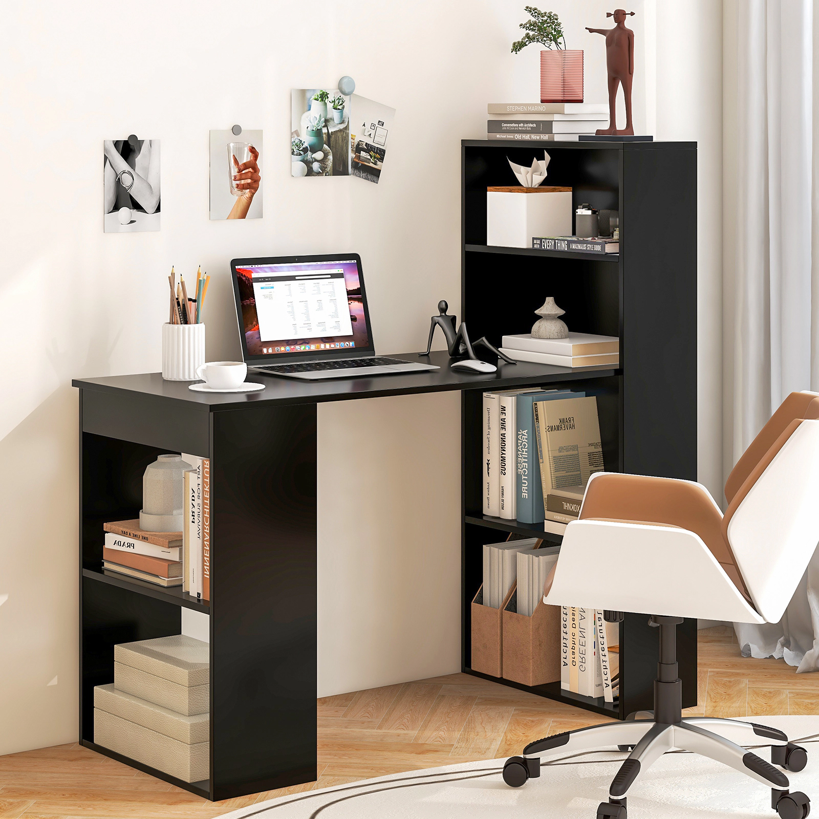 SUGIFT Computer Desk Writing Workstation with 6-Tier Storage Shelves 201-lb Tabletop Capacity Black