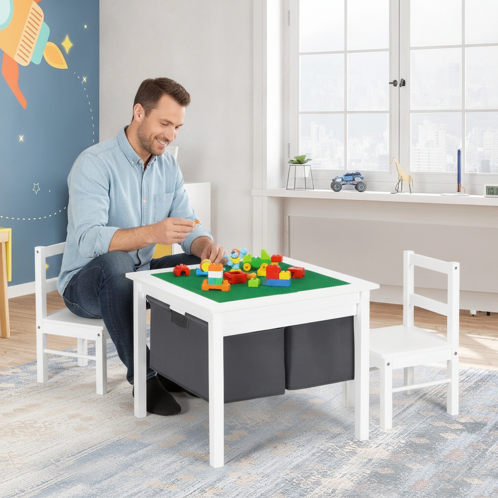 SUGIFT 2-in-1 Kids Activity Table and 2 Chairs, Reversible Top, Brick Baseplate, Storage Drawers, White