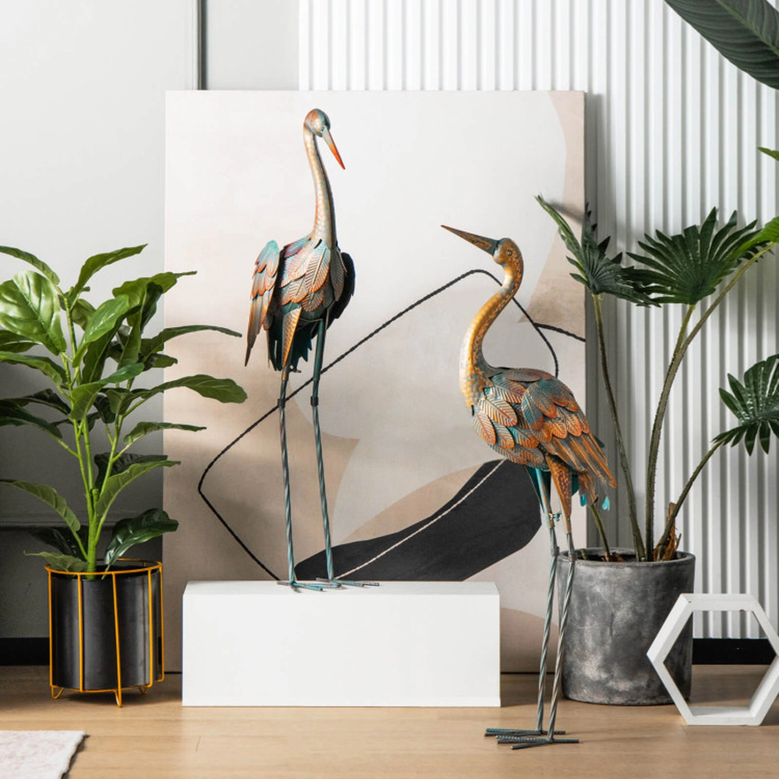 SUGIFT Set of 2 Multicolor Metal Crane Garden Statues with Gradient Feathers 34-in H and 33.5-in H