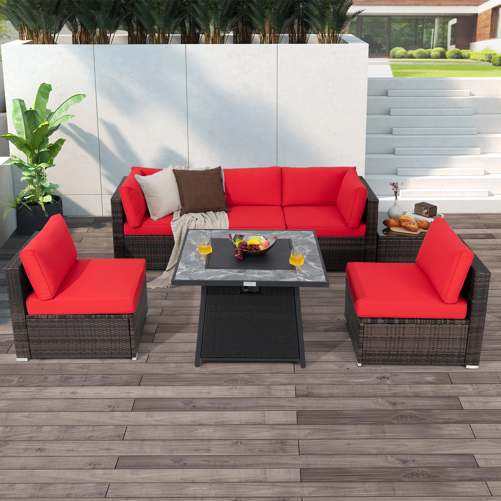 LJG 7 Pieces Patio Furniture Set with 35 Inches 50000 BTU Propane Gas Fire Pit Table and Waterproof Cover for Firpit