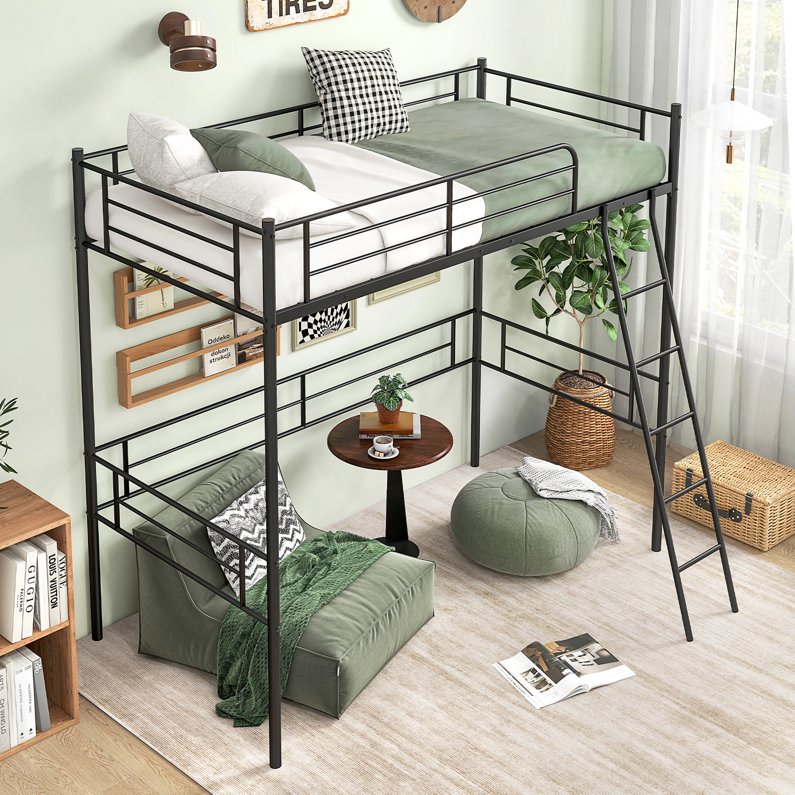 SUGIFT Twin Metal Loft Bed with 5-Step Ladder, 12-Inch Guardrails and 61-Inch Under-Bed Clearance, Black