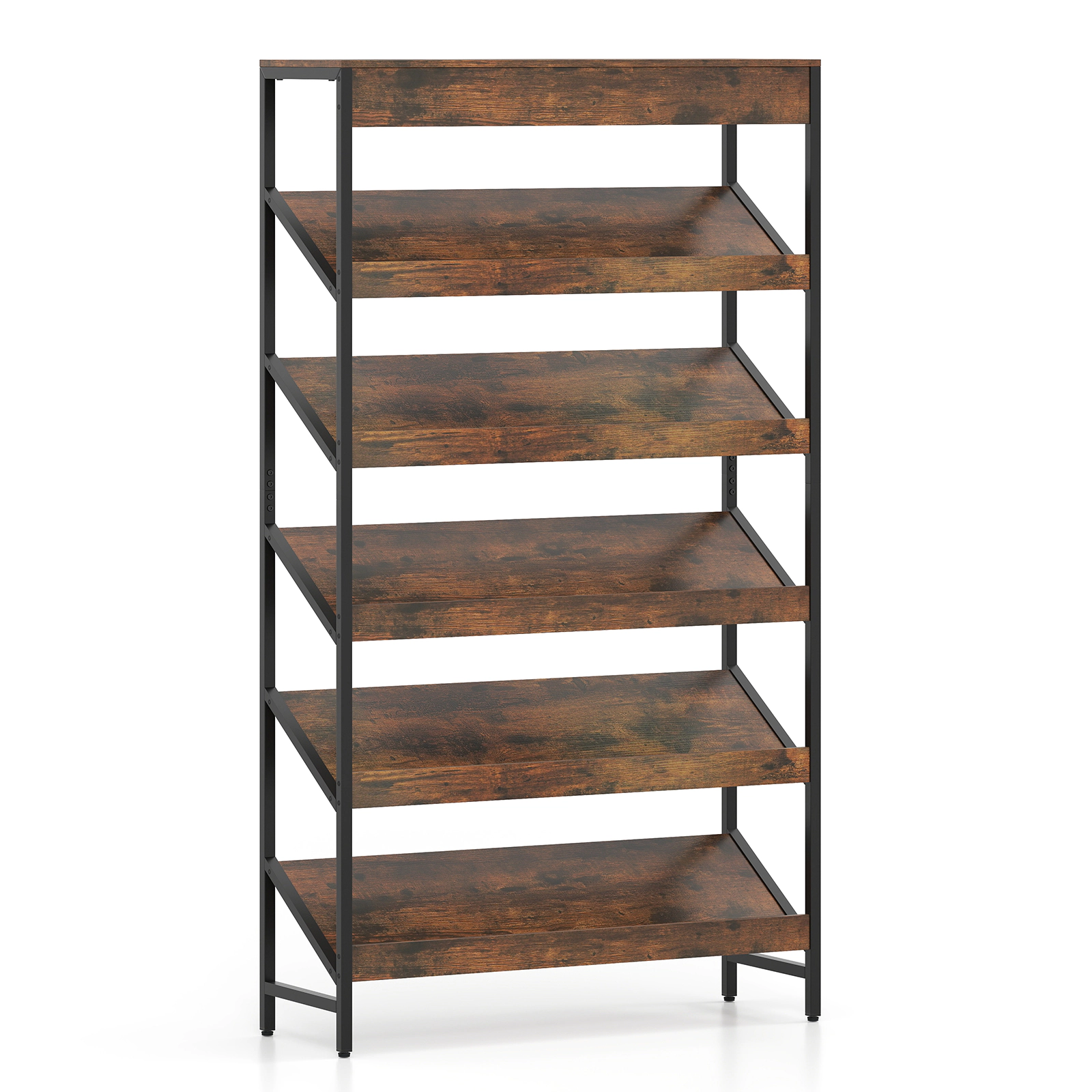 SUGIFT Rustic Brown 6-Tier Tall Bookshelf 63.5 in with Angled L-Shaped Shelves