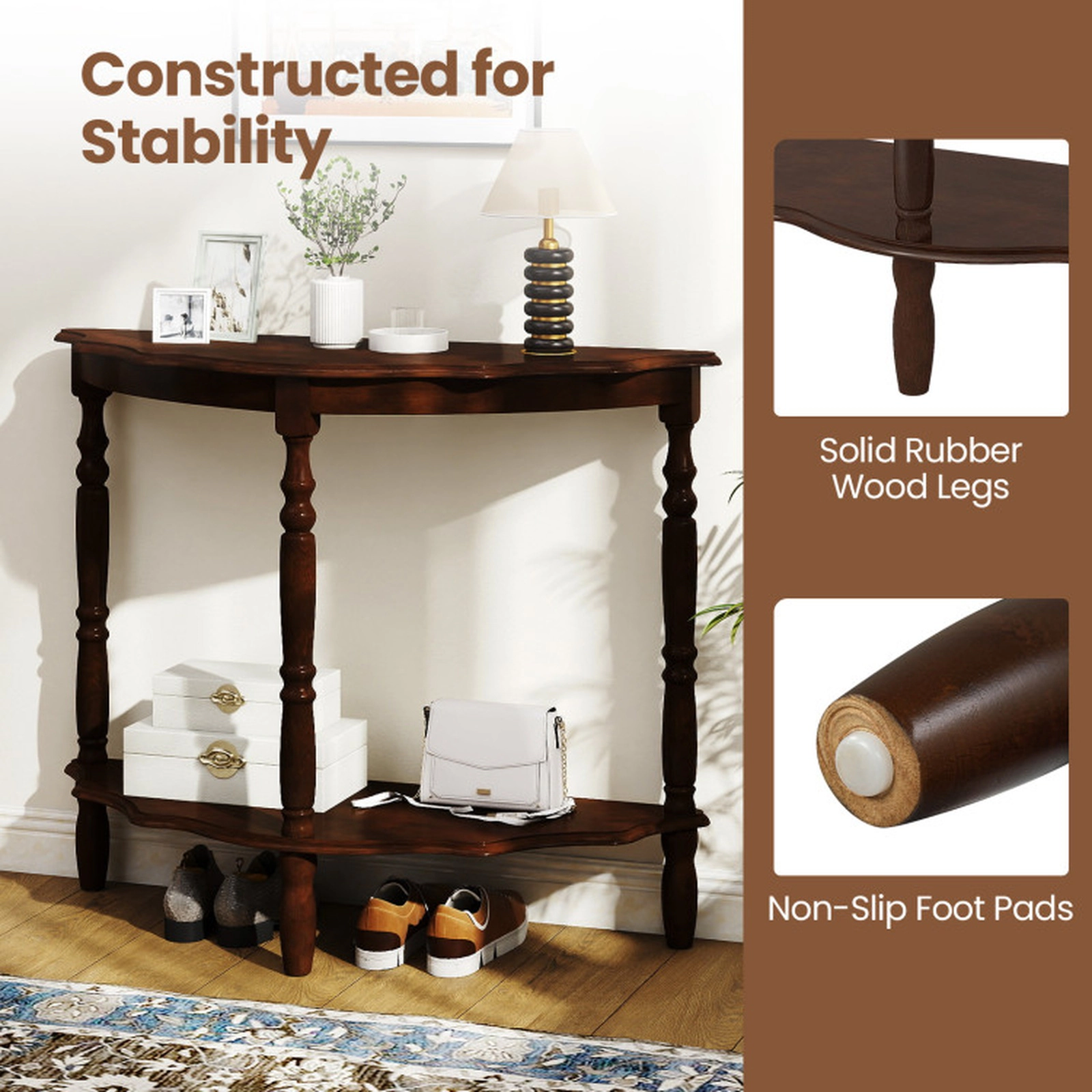 SUGIFT 42-in Half Moon Console Table with 2 Shelves 180-lb Tabletop Capacity 33-lb Shelf Capacity Light Espresso