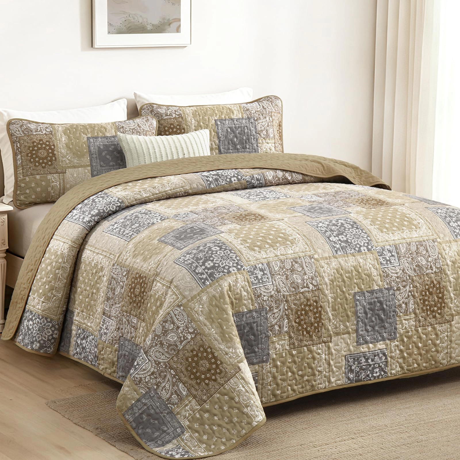 PUPWE Quilt Set King Red Black Paisley Patchwork Bedspread Coverlet