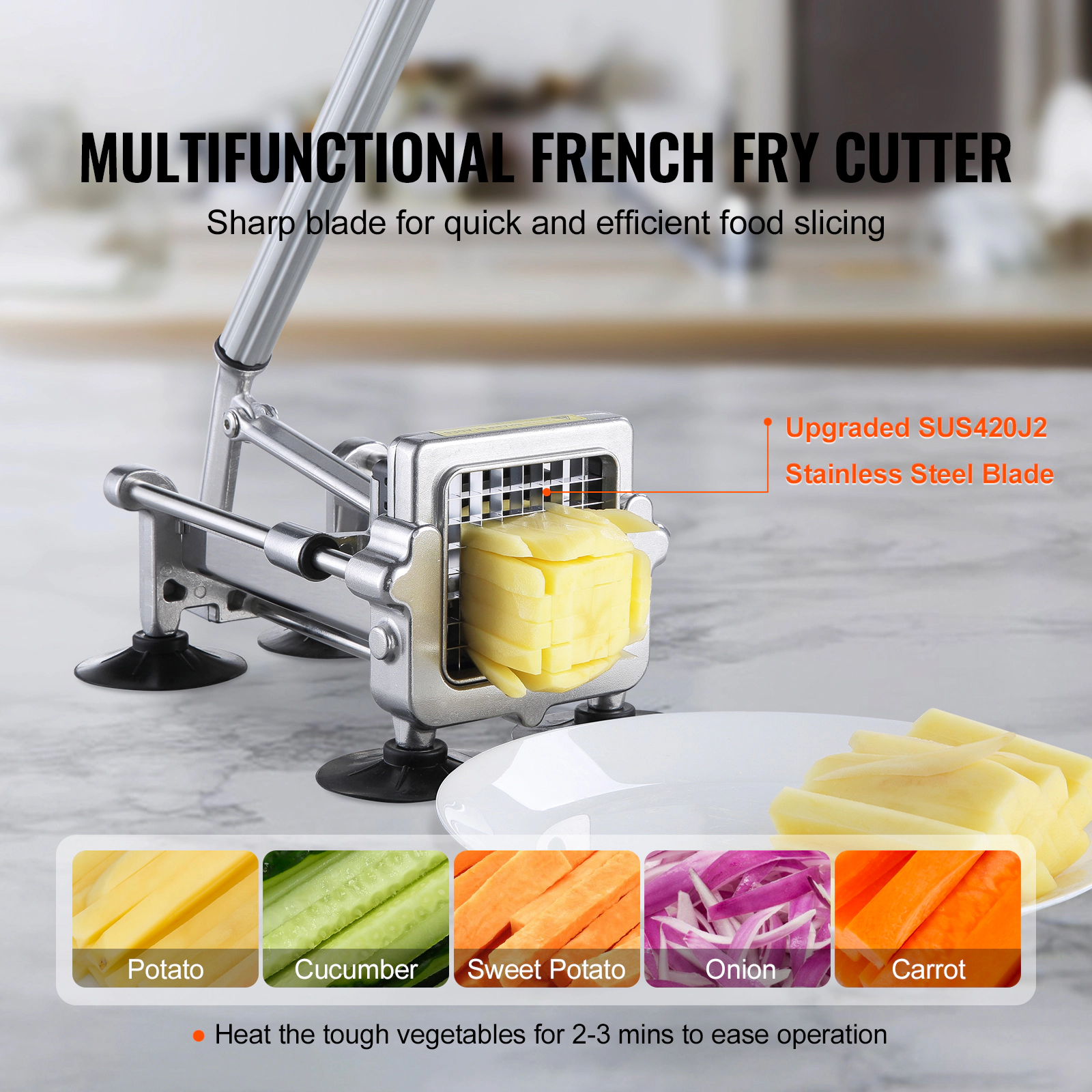 HONGGE French Fry Cutter, Potato Slicer with Stainless Steel Blades, Manual Potato Cutter Chopper with Suction Cups