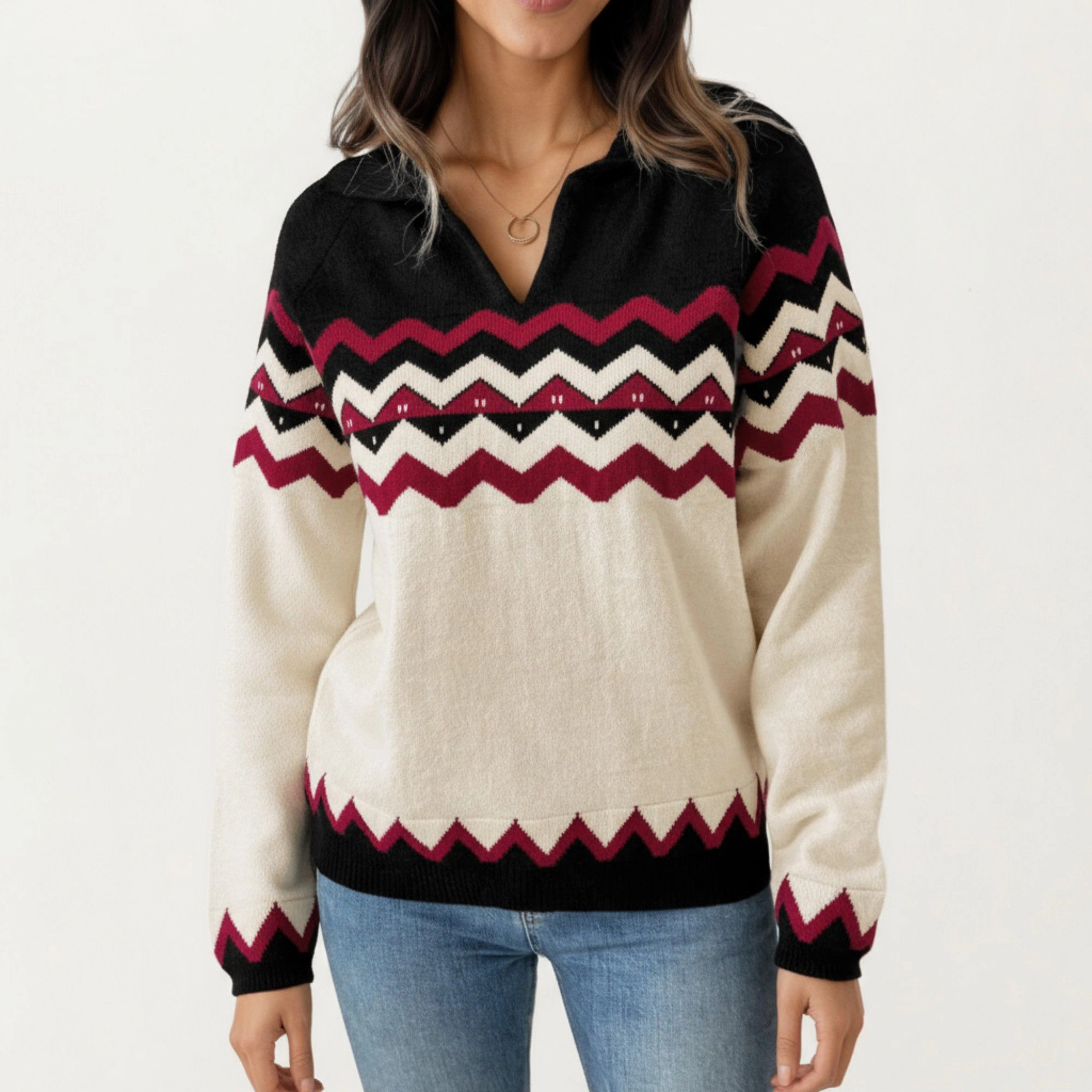 Anna-Kaci Women's Chevron Pattern Split Collar Ribbed Trim Long Sleeve Knit Sweater