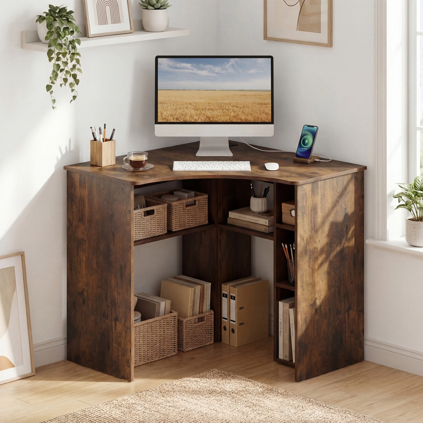 SUGIFT 90° Corner Triangle Computer Desk with Adjustable Shelf & Arc-Shaped Profile 100-lb Desktop Capacity Rustic Brown