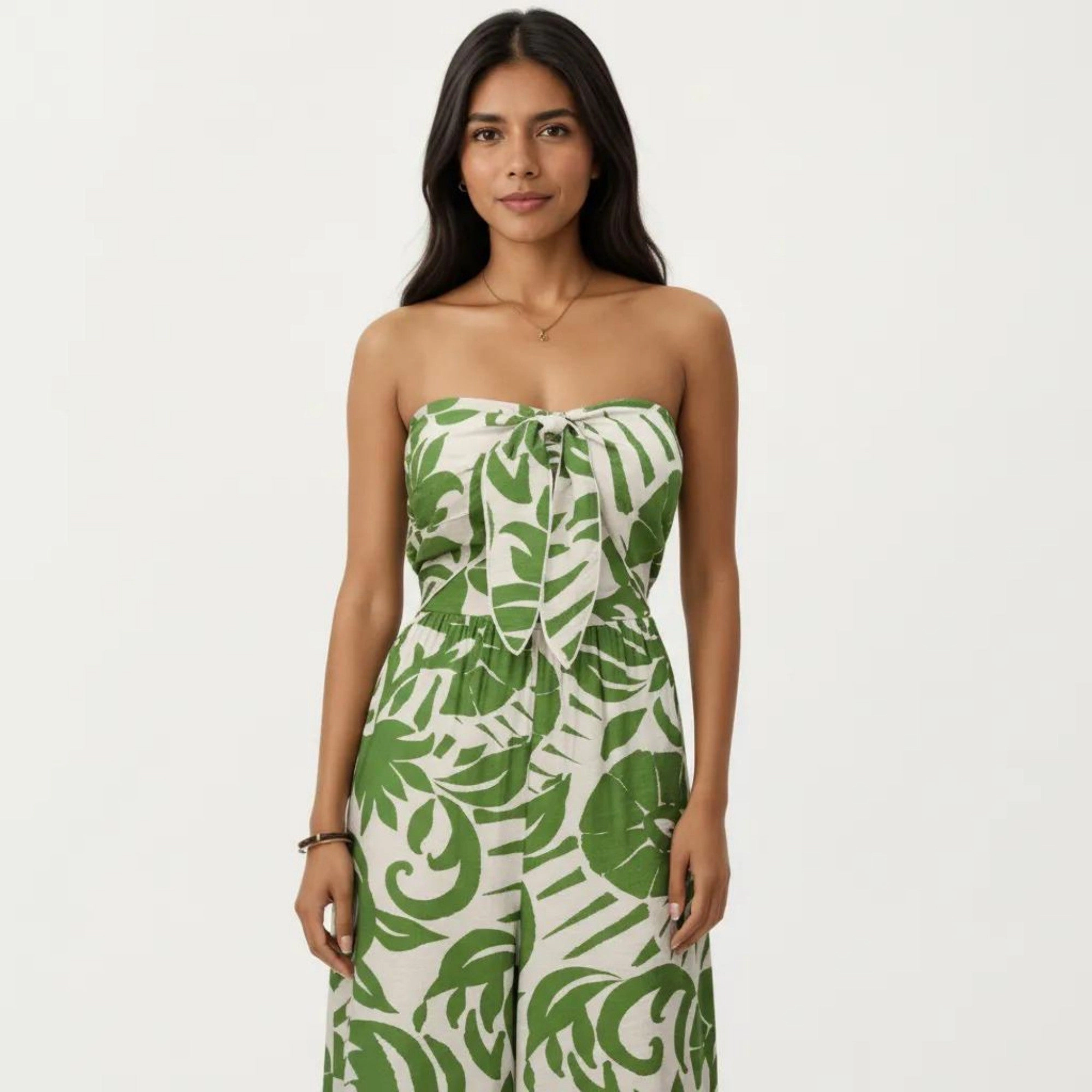 Anna-Kaci Womens Strapless Tropical Print Wide Leg Jumpsuit with Front Tie
