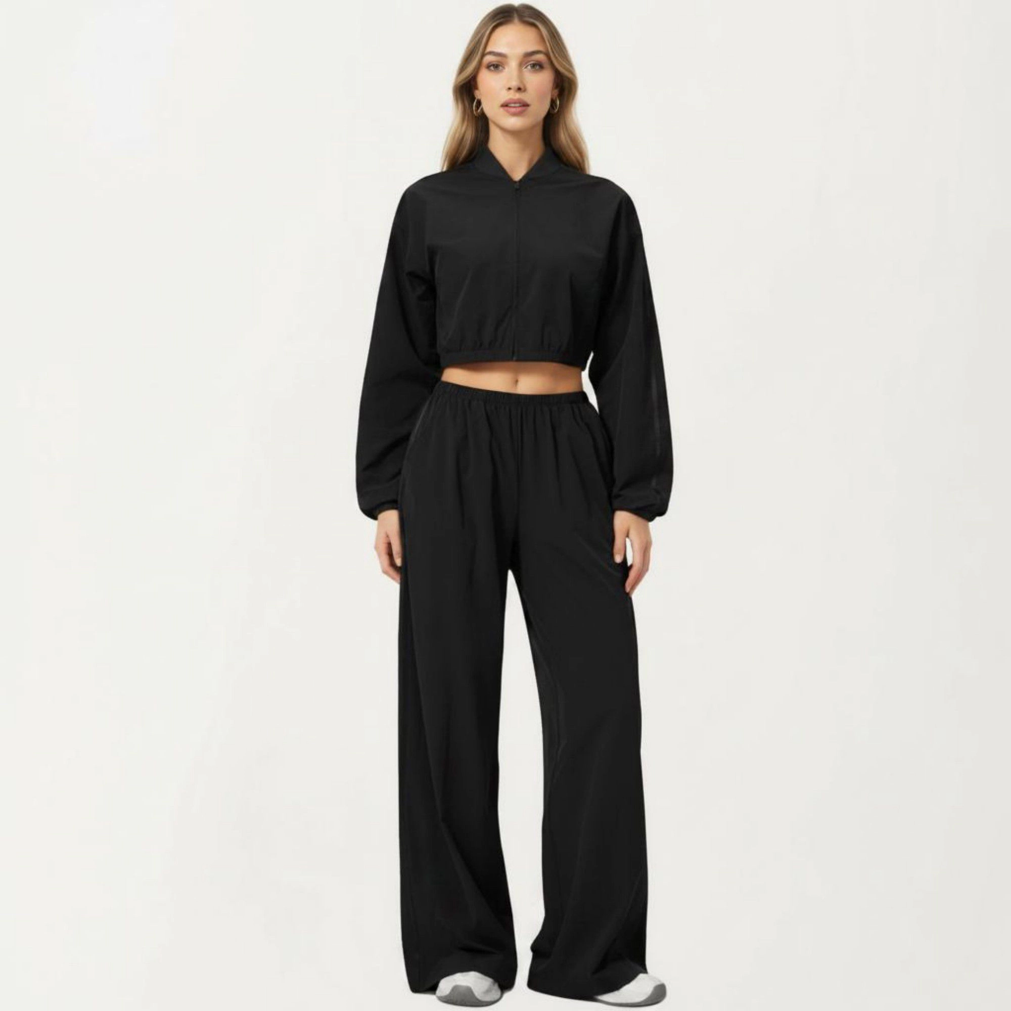 Anna-Kaci Women's Cropped Zip Front Jacket with Elastic Hem and Long Sleeves