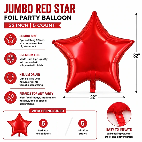 LoonBalloon 32 in Red Star Foil Party Balloon - 5 Pack, Color: Red ...
