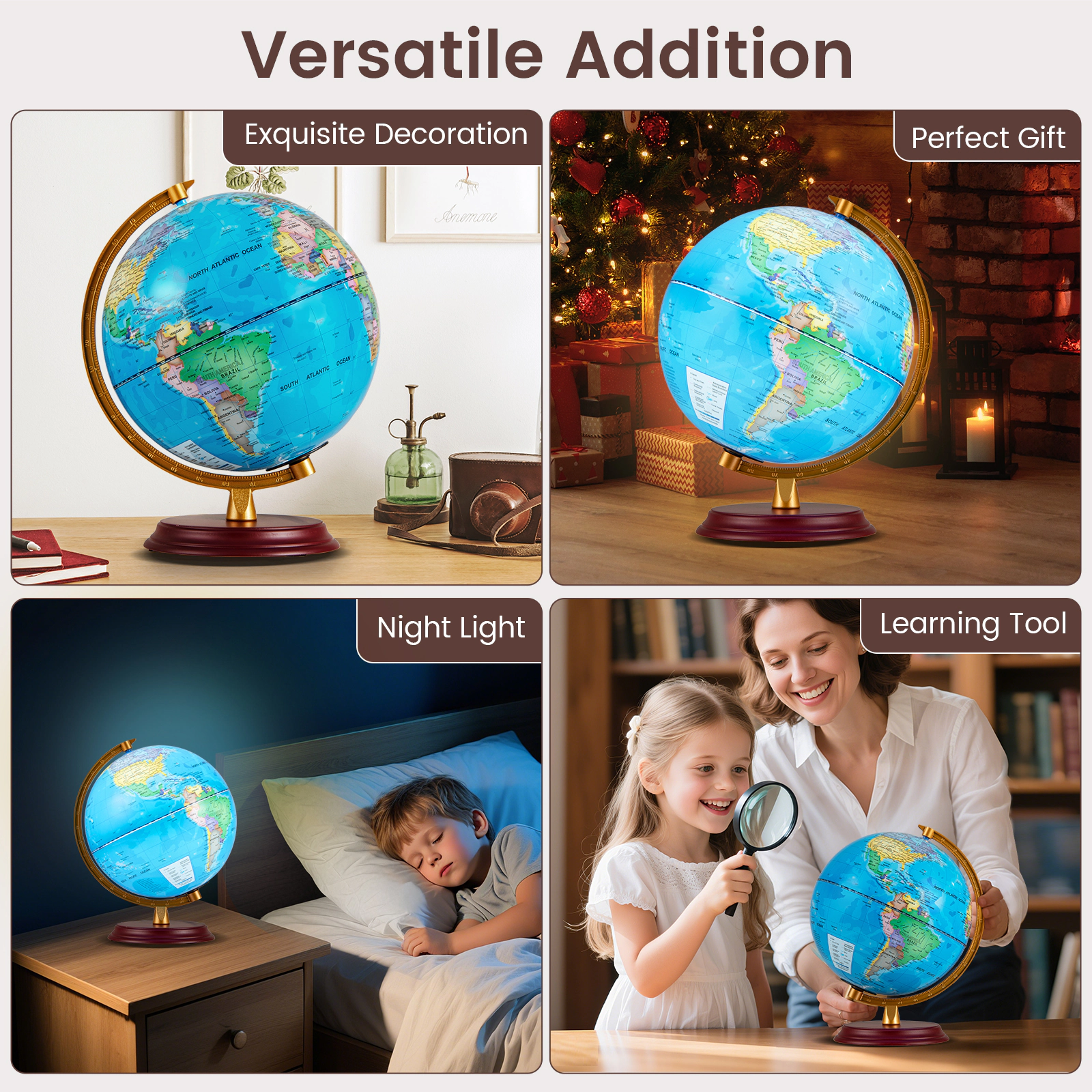 SUGIFT Kids LED Illuminated HD Map Wooden Base Night Light World Globe 8-in Diameter 8.5-in x 8.5-in x 10.5-in Blue