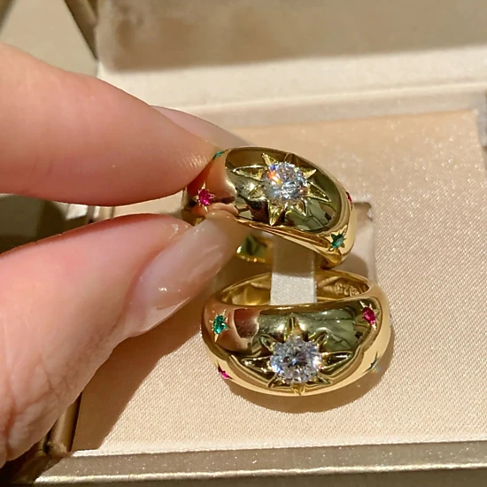 Wardrobe Whimsy Vintage Star Multicolor Cubic Zirconia Gold Tone Dome Ring