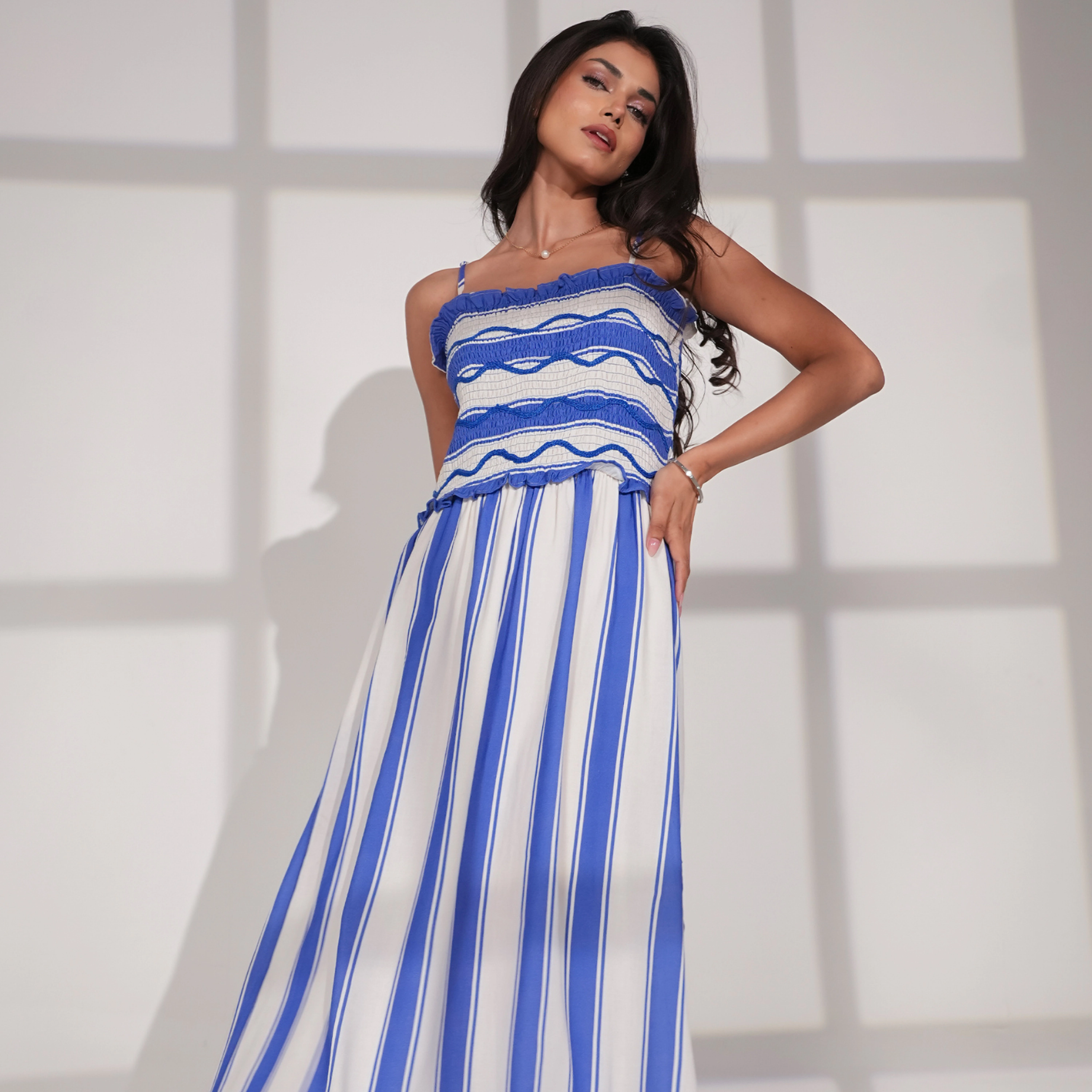 Rose & Nancy Women's Seraphine Blue And White Stripe Wave Embroidered Maxi Dress