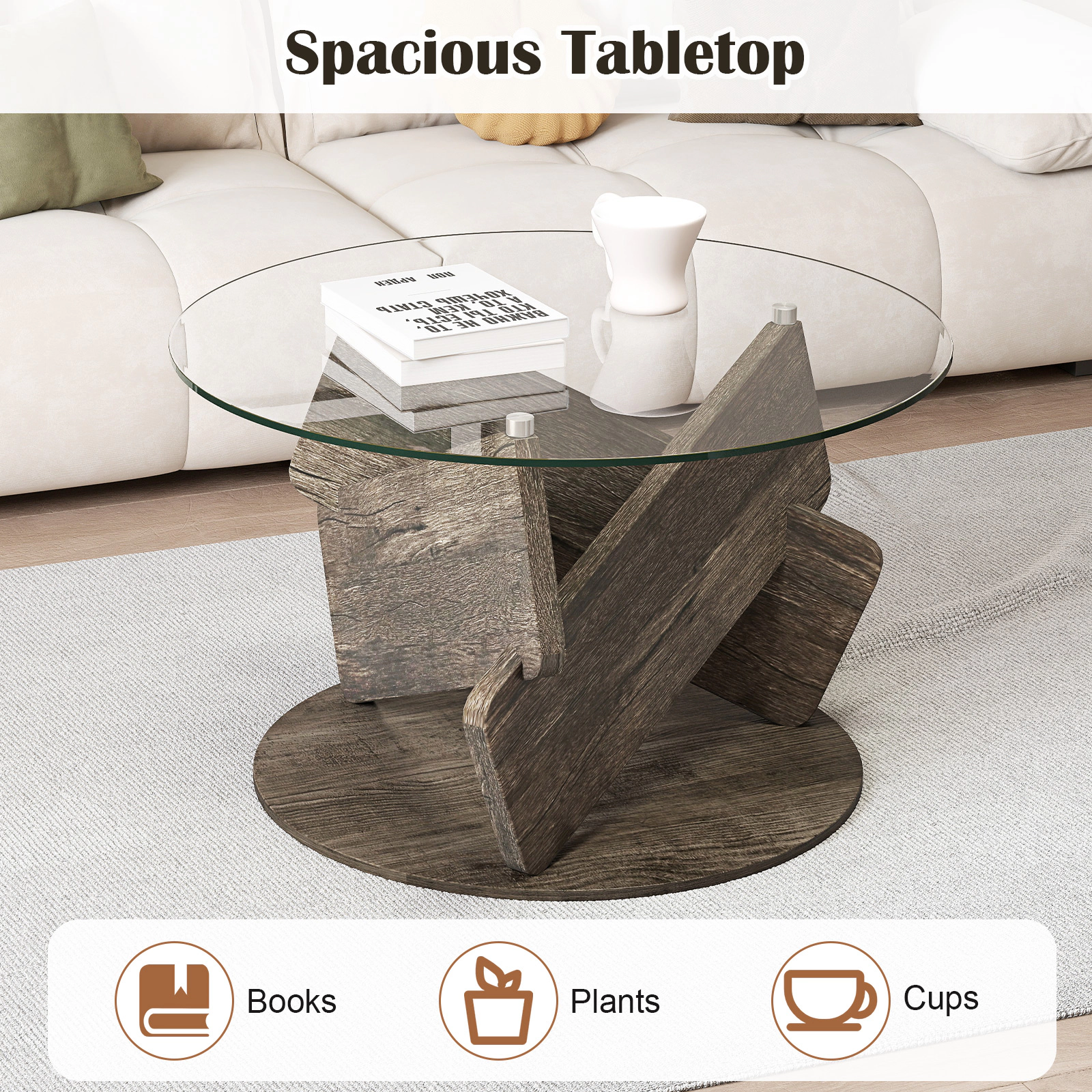 Glintex 32-Inch Round Coffee Table with Tempered Glass Top and Wood Base, Gray