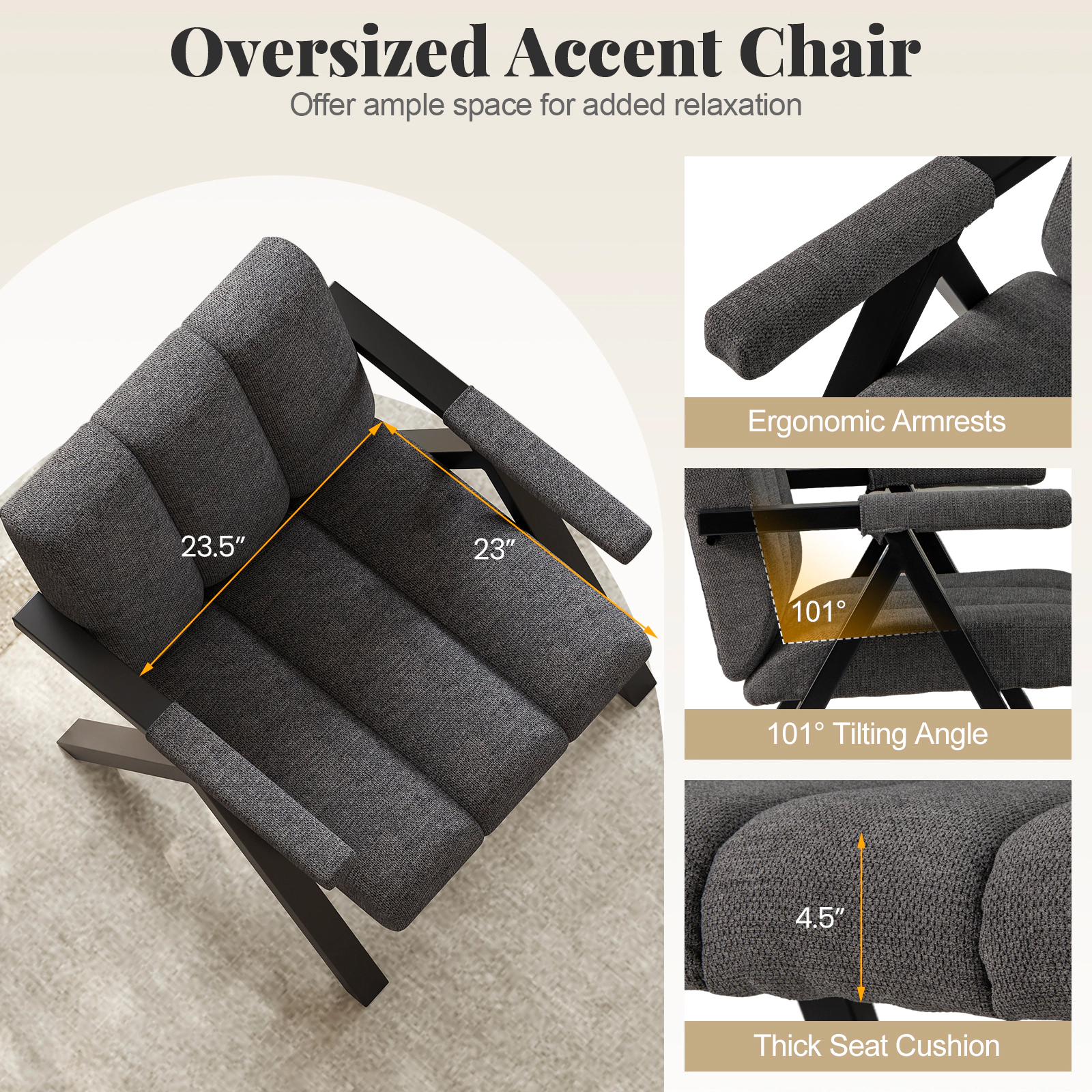 SUGIFT Oversized Accent Chair with Metal Frame and Armrests 330-Lb Capacity Gray with Black Accents
