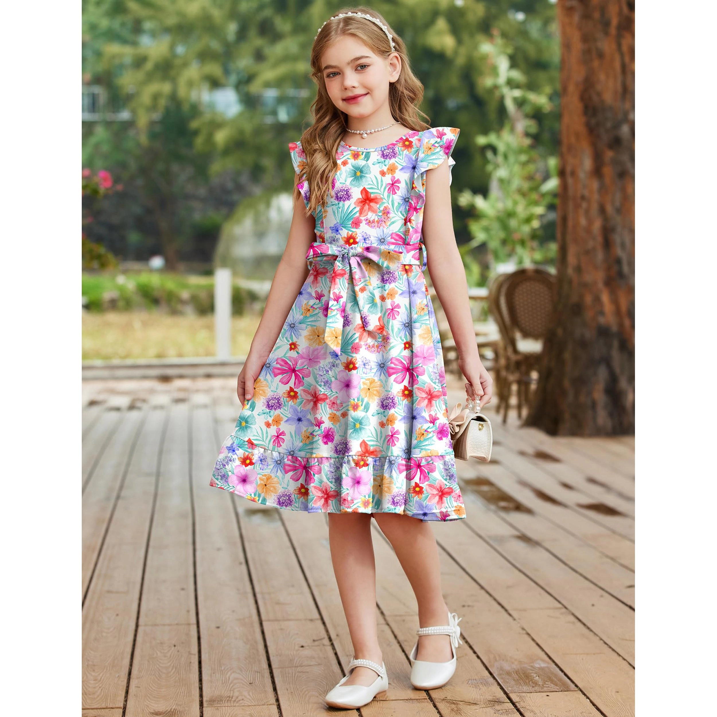 Arshiner Girls Spring Summer Dresses Flutter Sleeve Aline With Belted Pockets Casual Party Dress