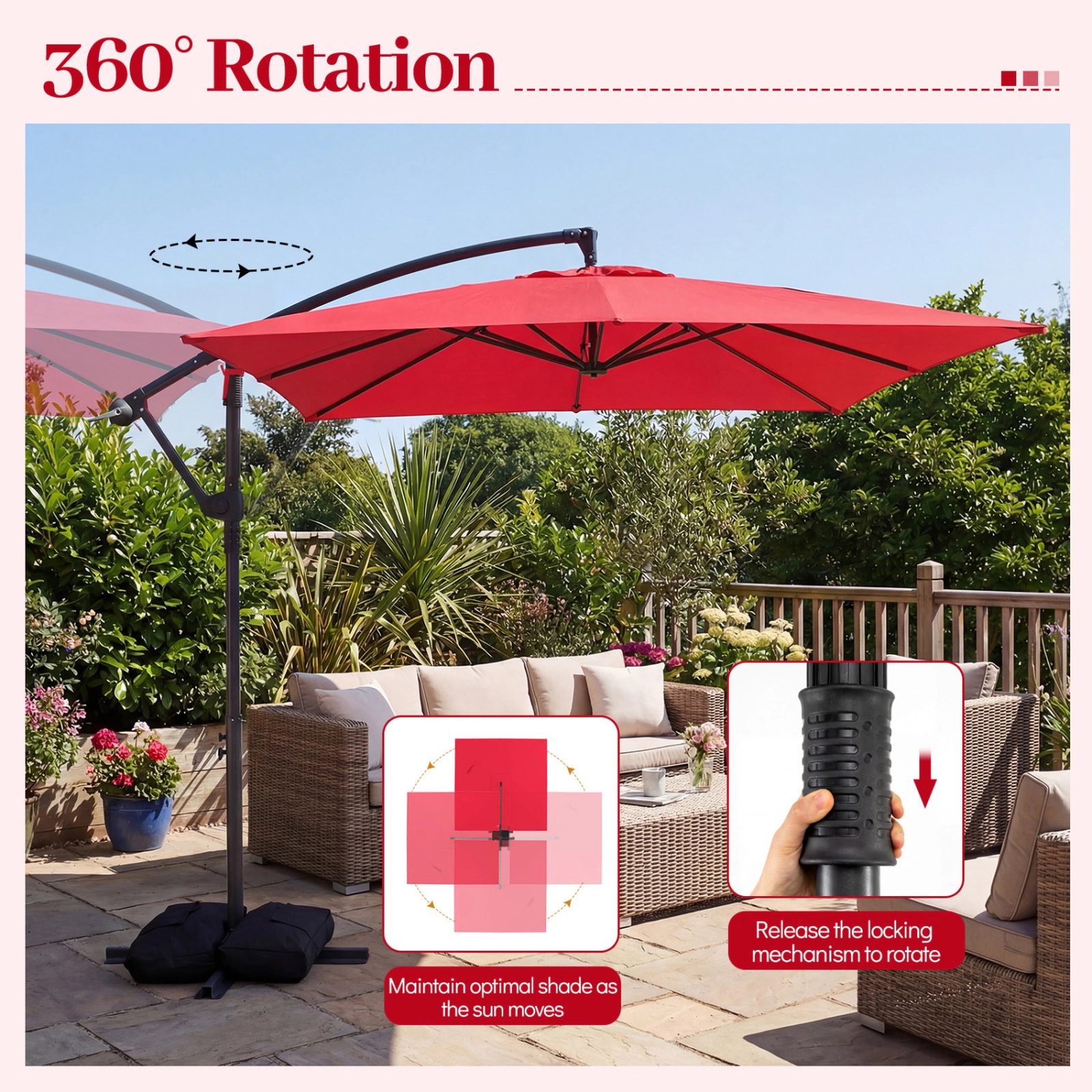 SUGIFT 8-ft Red Square Offset Cantilever Patio Umbrella with 360-Degree Rotation and Crank Lift for Deck
