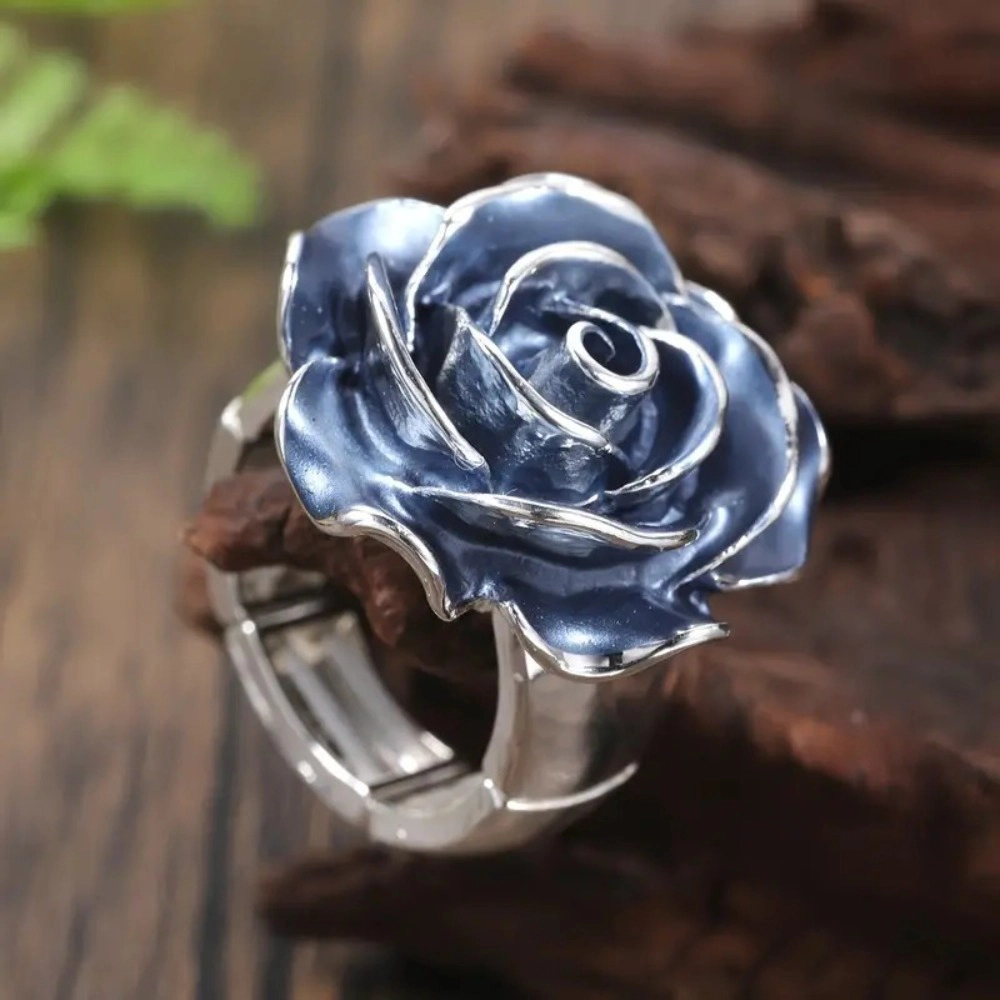 Exquisite Enamel Blue Rose Flower Rings for Women