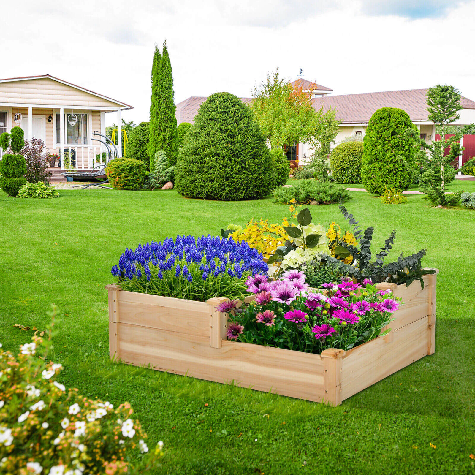 SUGIFT 3-Tier Fir Wood Raised Garden Bed Outdoor Planter with Open-Ended Base 42.5-in Wide Frame Natural