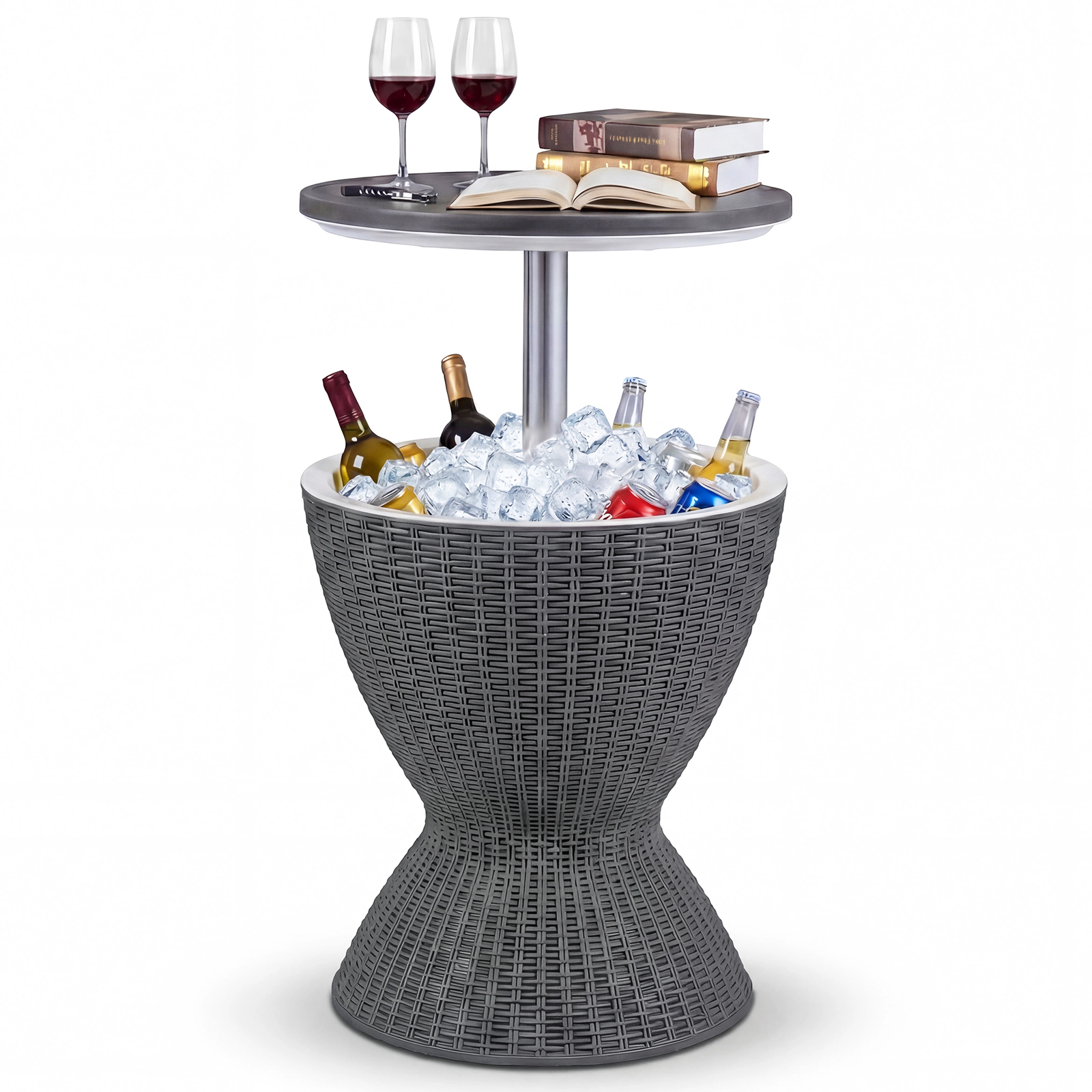 SUGIFT Outdoor Rattan-Style Bar Table with Adjustable Height and 8-Gallon Ice Bucket