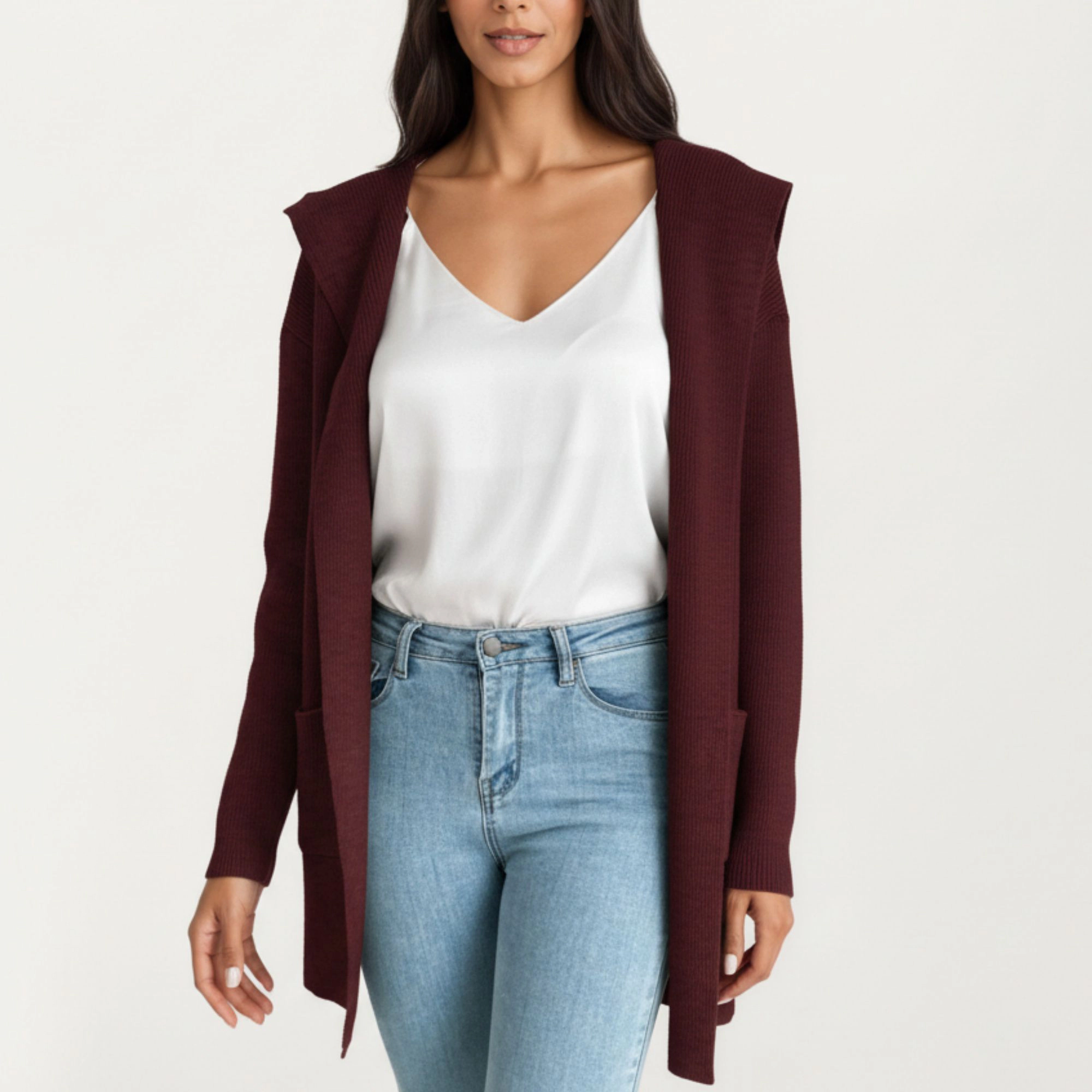 Anna-Kaci Women's Long Sleeve Knit Cardigan with Open Front Design, Relaxed Hood Detail and Soft Textured Fabric