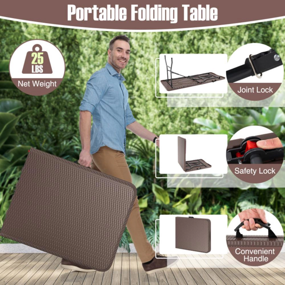 Hivvago 6 Ft Portable Folding Table With Rattan-Like Hdpe Tabletop And Safe Lock Mechanism-Brown