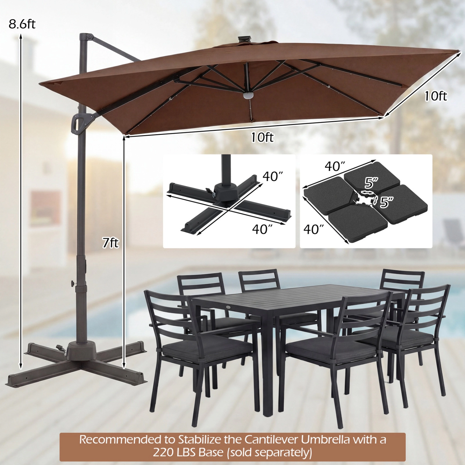 SUGIFT 10-Ft Tan Offset Cantilever Patio Umbrella with Solar LED Lights, Crank Lift and Vented 2-Tier Canopy