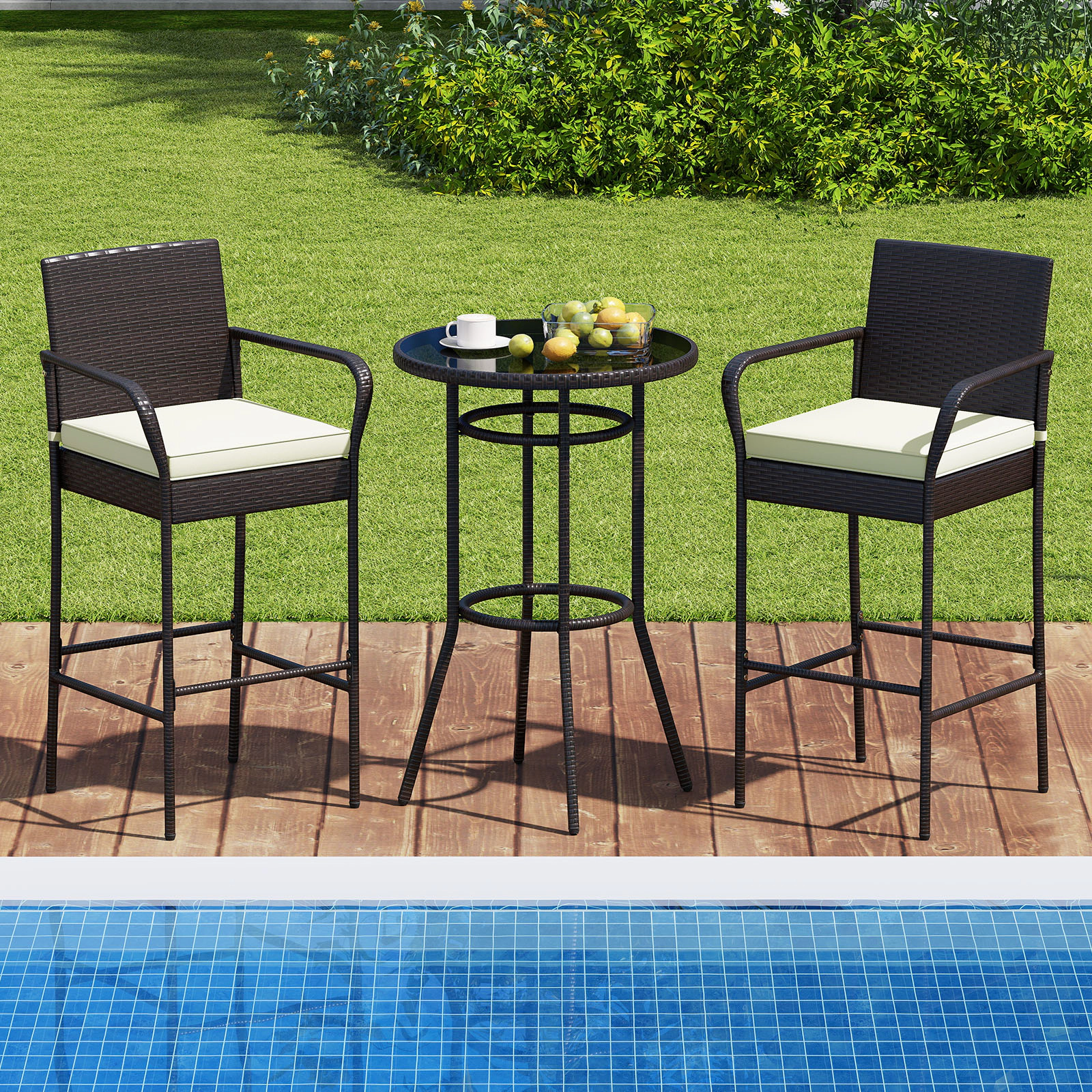 SUGIFT 3-Piece Outdoor Patio Wicker Bar Set, Glass-Top Table and 2 Rattan Bar Chairs