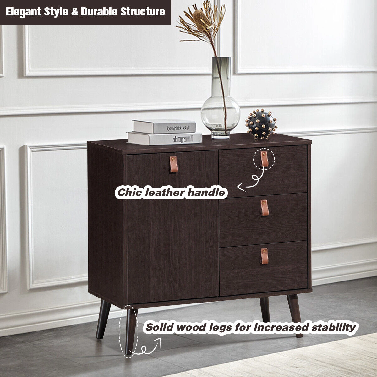 SUGIFT 3-Drawer Sideboard Storage Display Cabinet Dresser 35-lb Cabinet Capacity 20-lb Shelf 10-lb Drawer Brown
