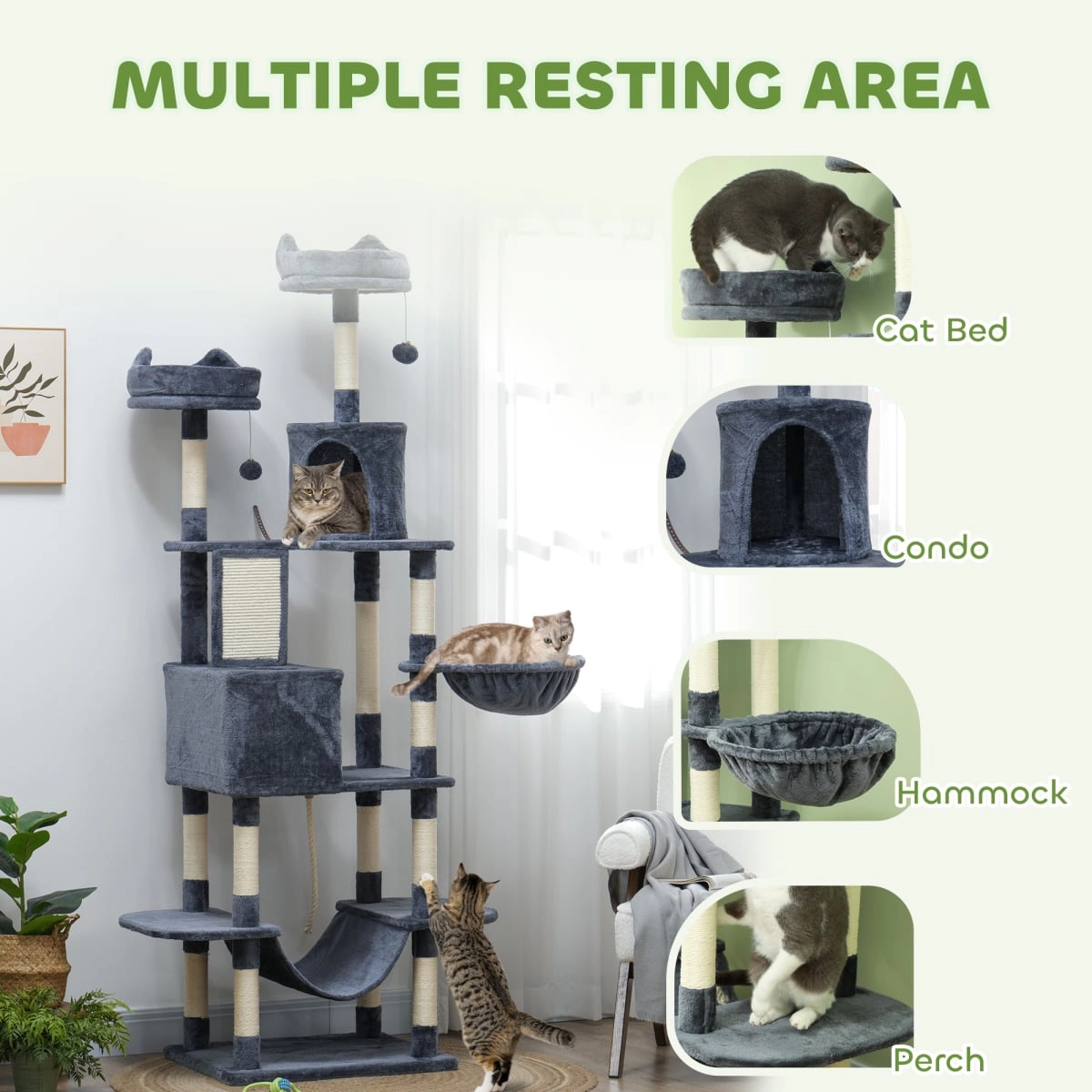 212 Main Paw Hut 81 in. Cat Tree with Cat Scratching Posts - Gray