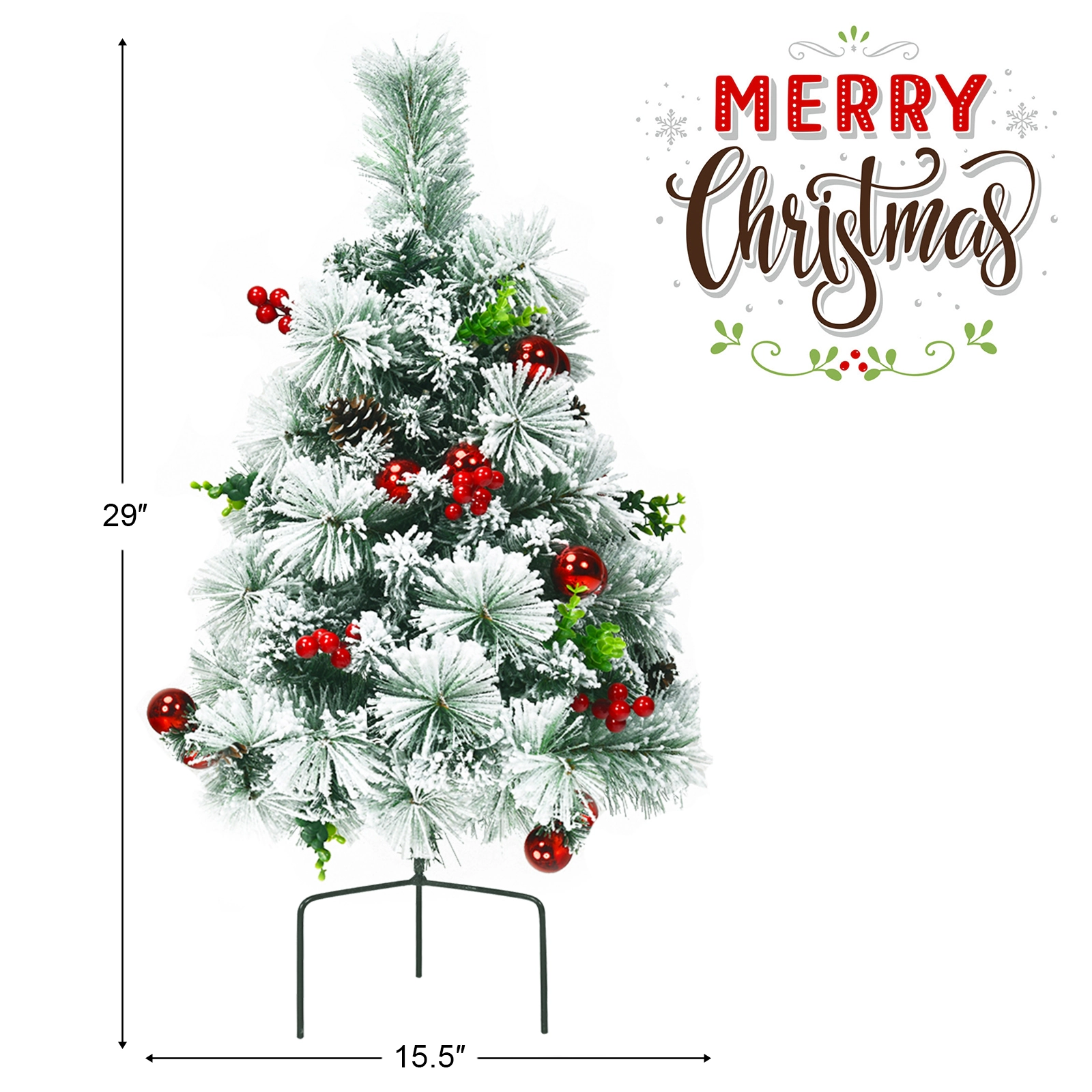SUGIFT Set of 2 Pre-Lit Flocked Battery Powered Pathway Christmas Trees 2-ft Tall 30 LED Lights 8 Modes Green