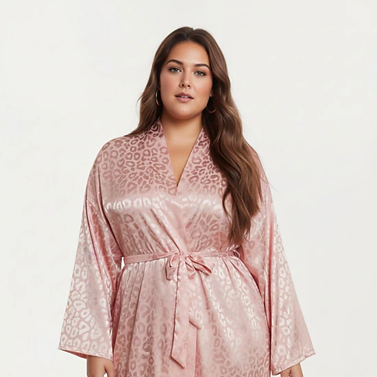 Anna-Kaci Women's Satin Jacquard Leopard Pattern Robe Waist Tie Silky Fabric Wide Sleeves and Longline Silhouette