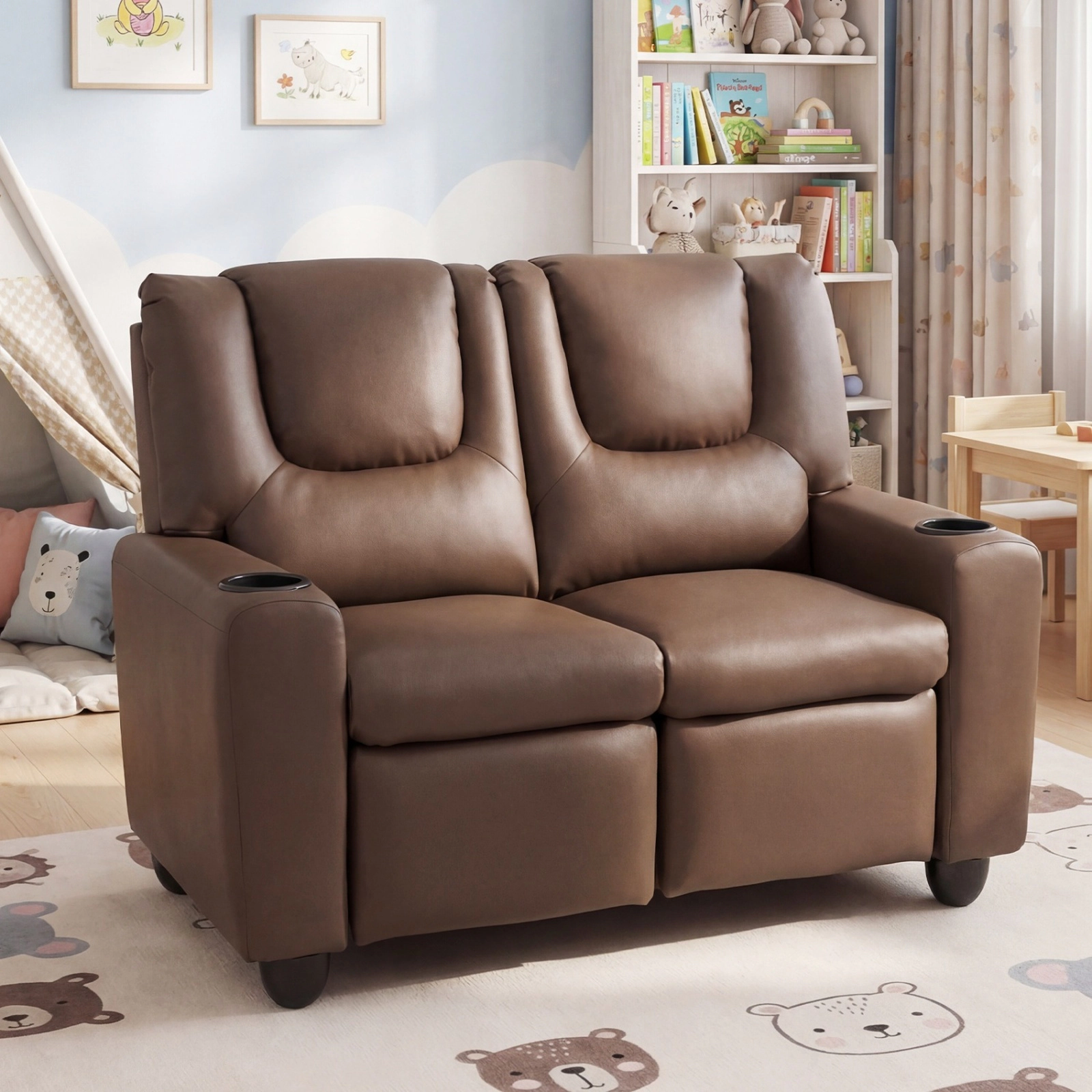 SUGIFT Adjustable 2-Seater Kids Recliner Toddler Sofa Chair with Cup Holders 330-lb Capacity Ages 3+ 38-in Wide Brown