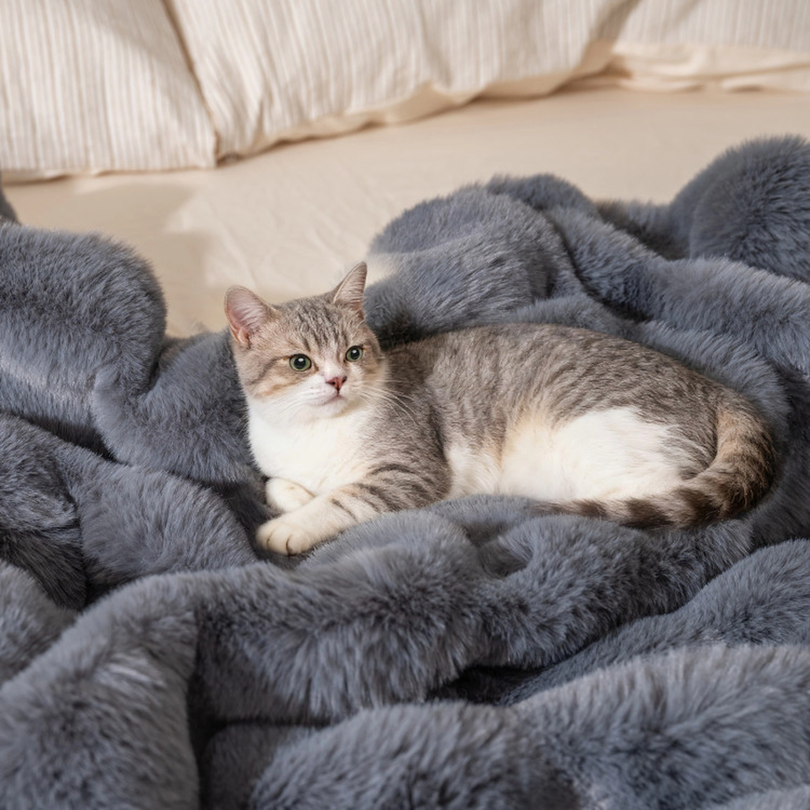 SUGIFT Twin Size Double Sided Faux Rabbit Fur Flannel Blanket 620GSM Fur 210GSM Flannel 60 x 80-in 6.5-lb Gray