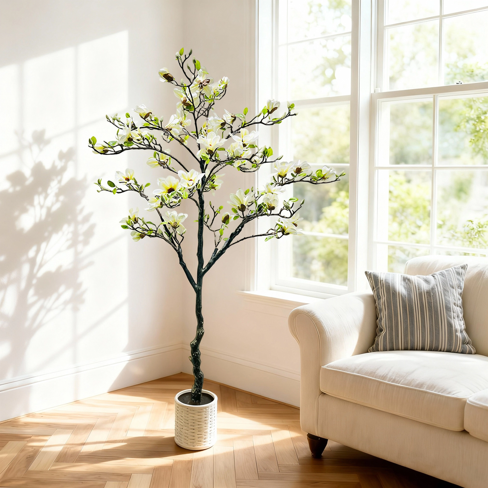 6FT Artificial Magnolia Flower Tree with Pot,Real Touch Silk Faux Plant Decor