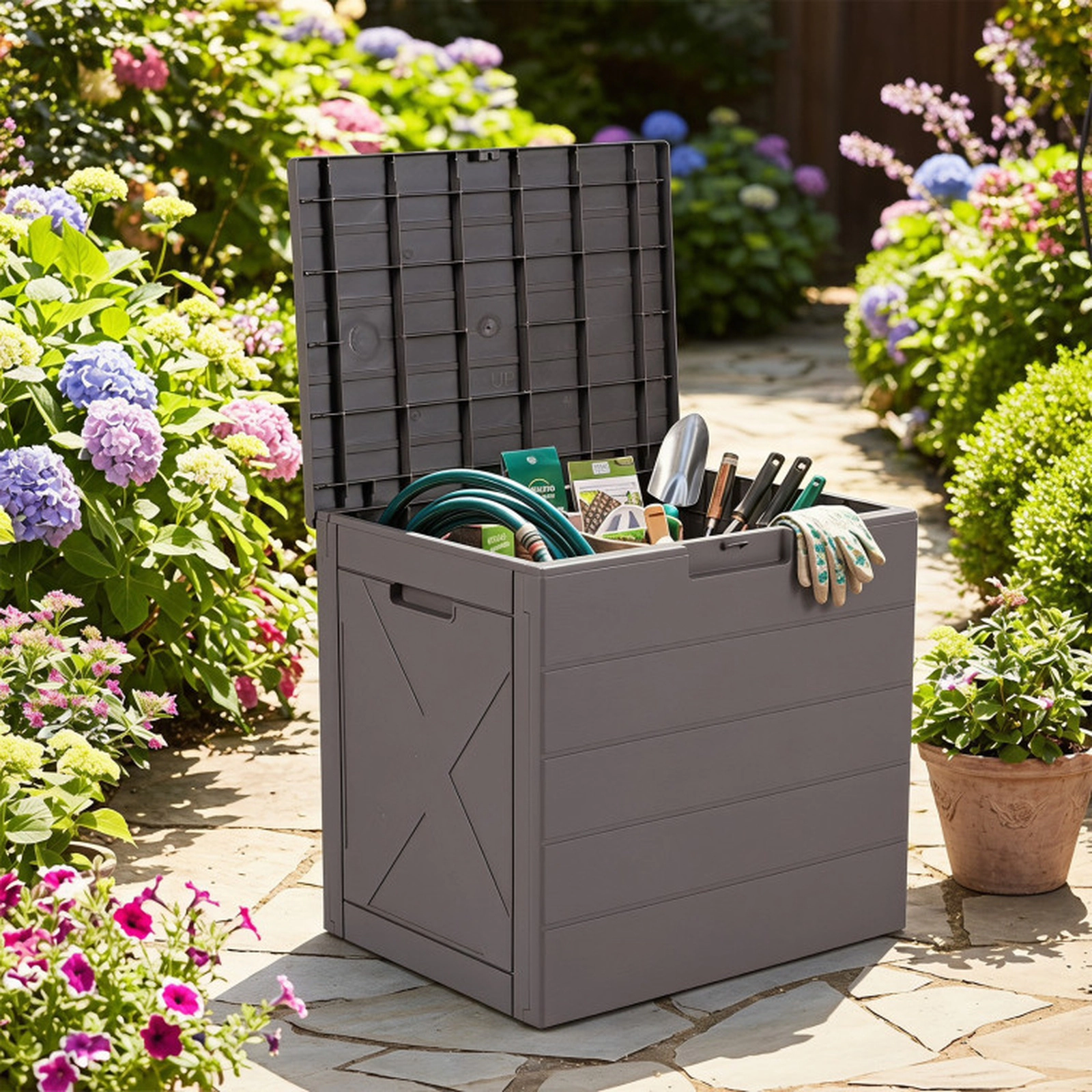 SUGIFT 25-Gal 110-lb Lid Capacity Wood Grain Outdoor Storage Bin Patio Deck Box with Lock Hole and Handles
