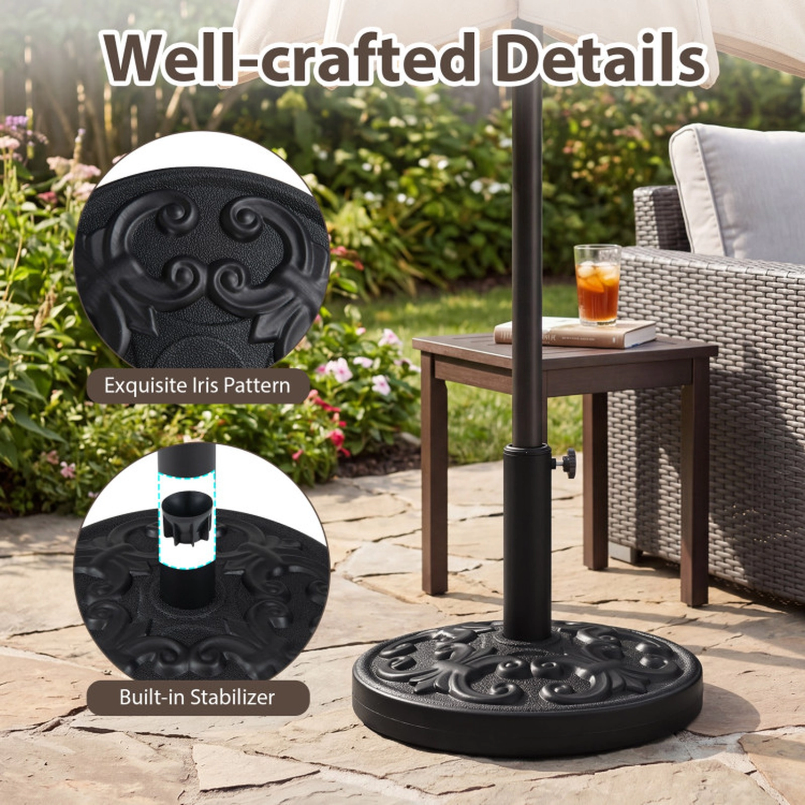 SUGIFT 26.5-lb Heavy-duty Round Umbrella Stand Base 33.5-in Tall for 8-9 ft Patio Umbrellas 1.5-1.9 in Poles Black