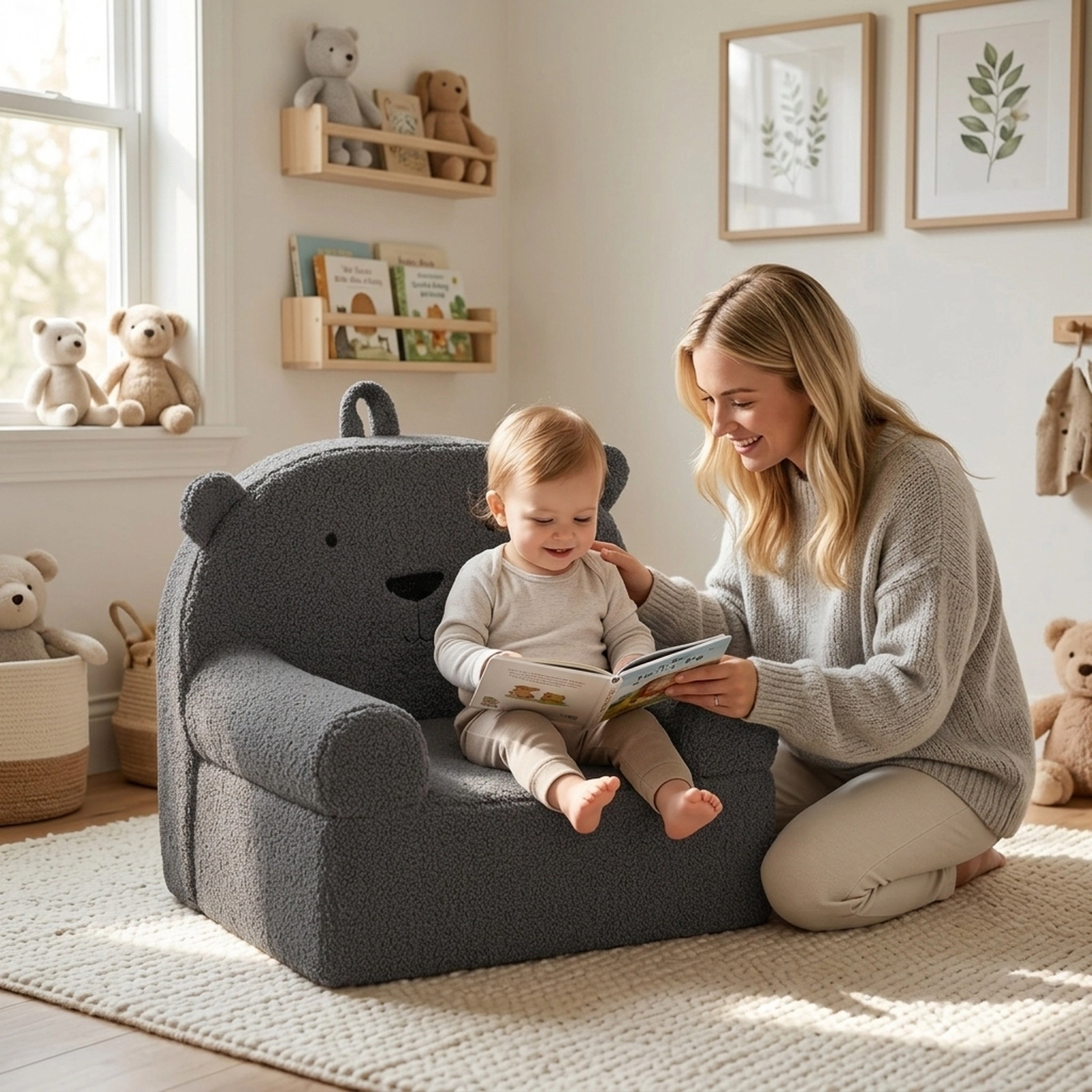 SUGIFT Gray Toddler Foam Chair, Teddy Fleece Cover, Carry Handle