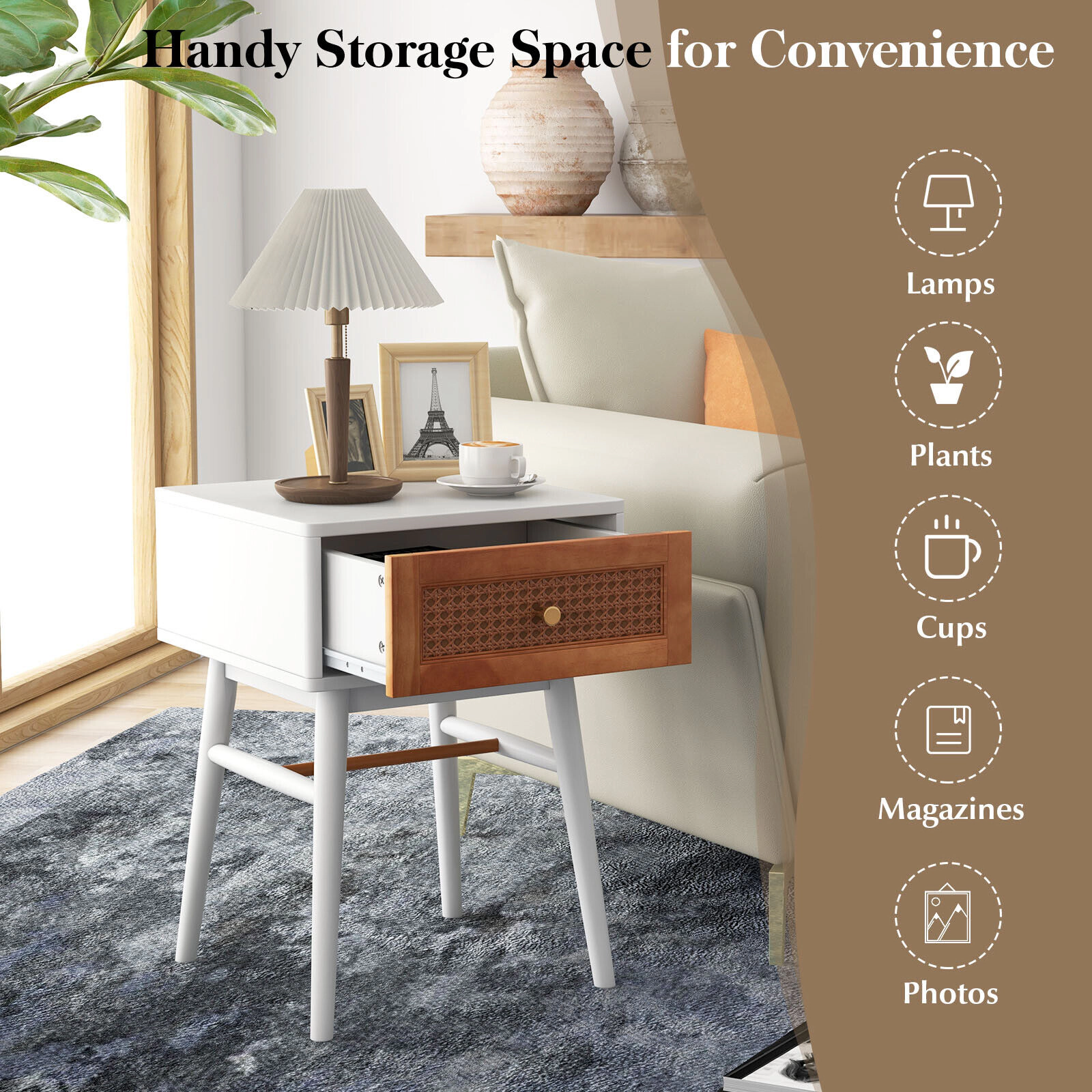 Glintex 1-Drawer Bedside Table with Rattan Front Panel and Solid Pine Wood Legs, White