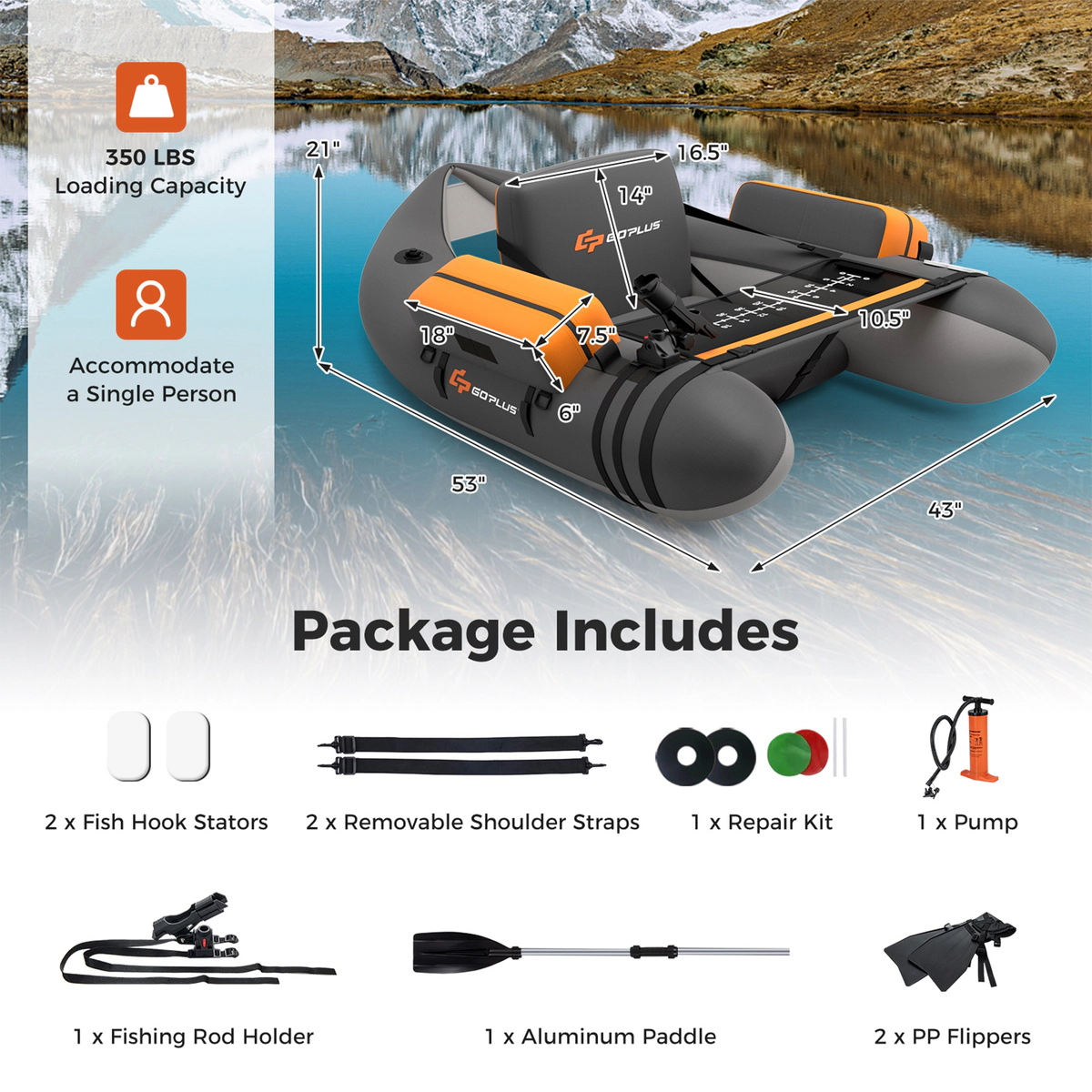 SUGIFT Adult Gray Fishing Float Tube with Storage Pockets Fish Ruler and Foot Pump 53-in W 350-lb Load Capacity