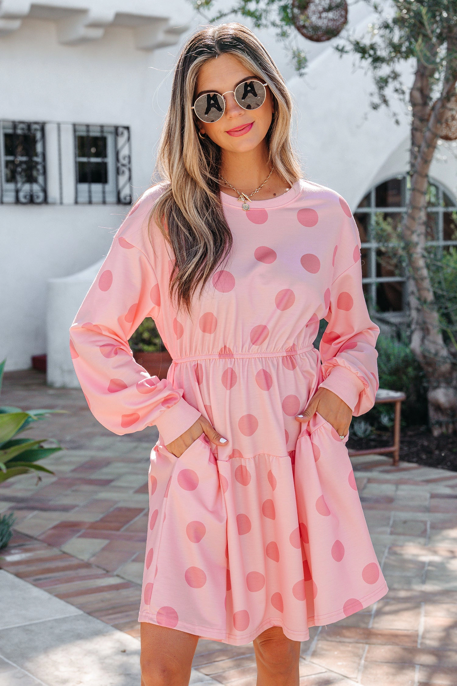 Threaded Pear Womens Anna Sleeve Flared Mini Dress - Pink Polka Dot Long