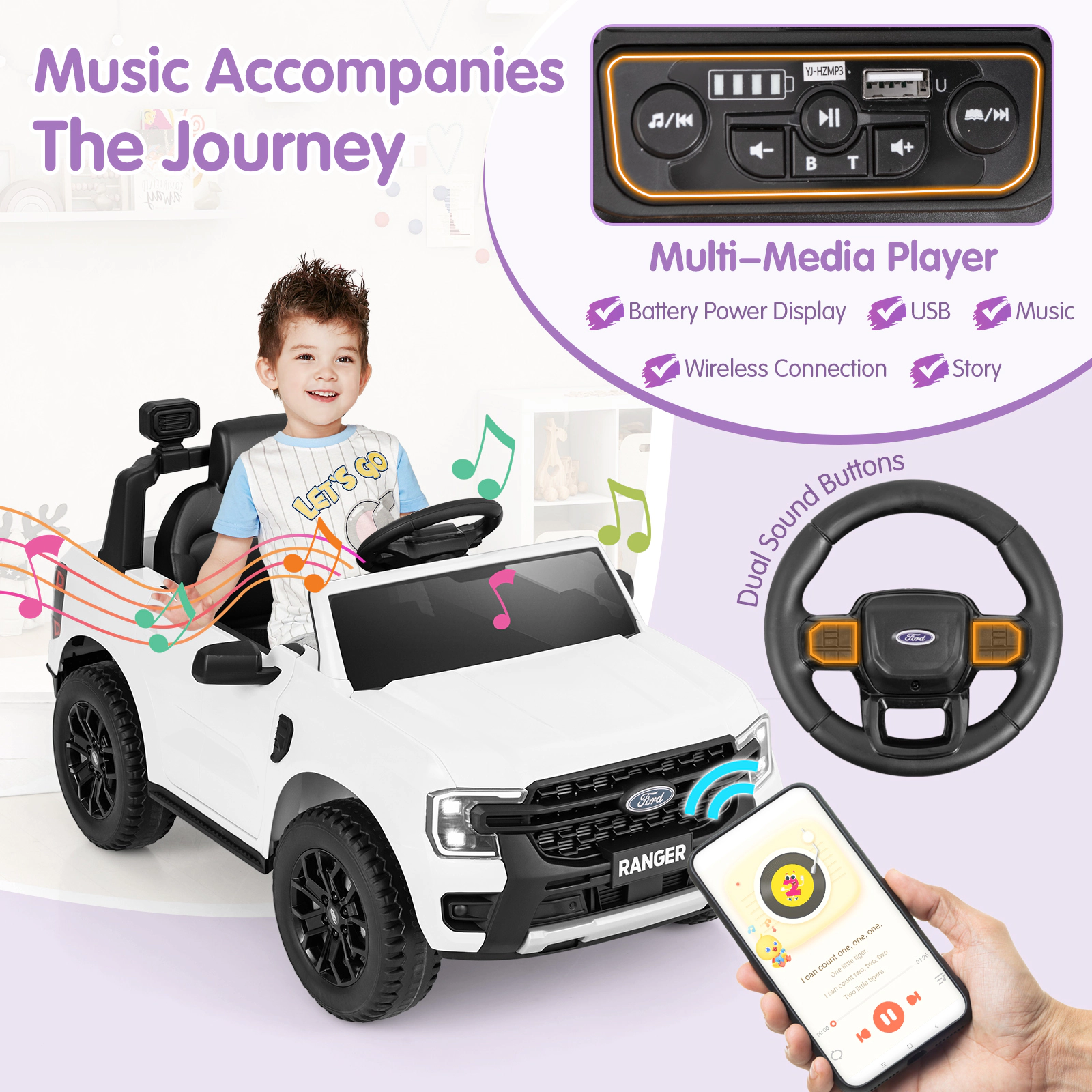 12V Kids Ride On Car Parent Remote Padded Headrest Rear Storage Basket and Lockable Doors for Ages 3-6 Electric Truck