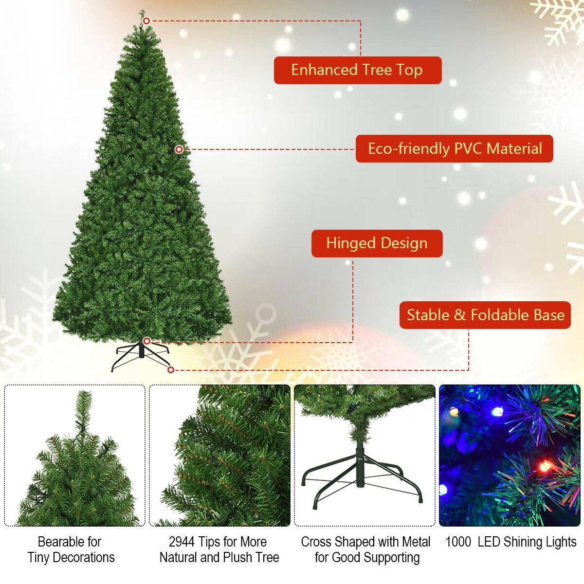 SUGIFT 9-ft Green Pre-Lit Hinged Artificial Christmas Tree with 1000 LED Lights 2944 Tips and 11 Patterns
